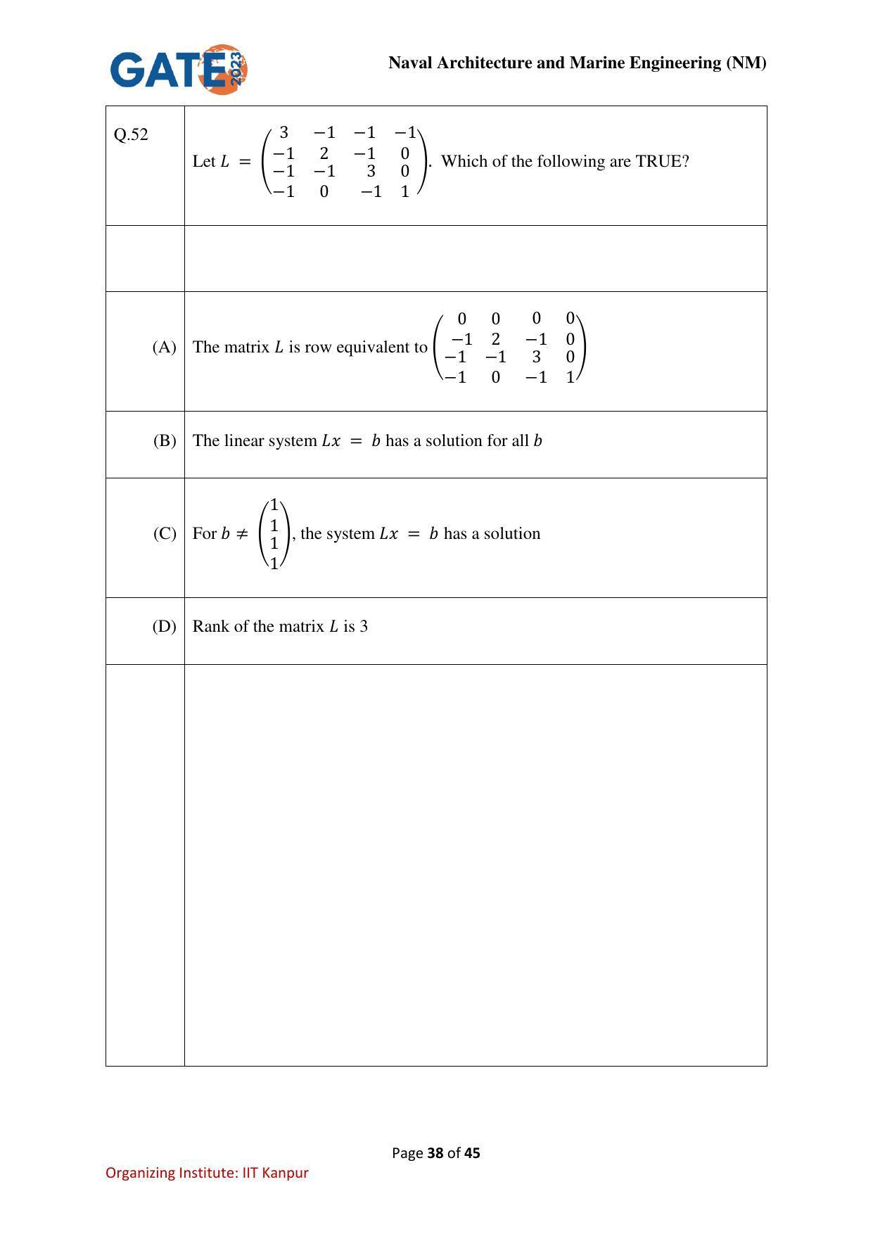 GATE 2023 Naval Architecture and Marine Engineering (NM) Question Paper - Page 38