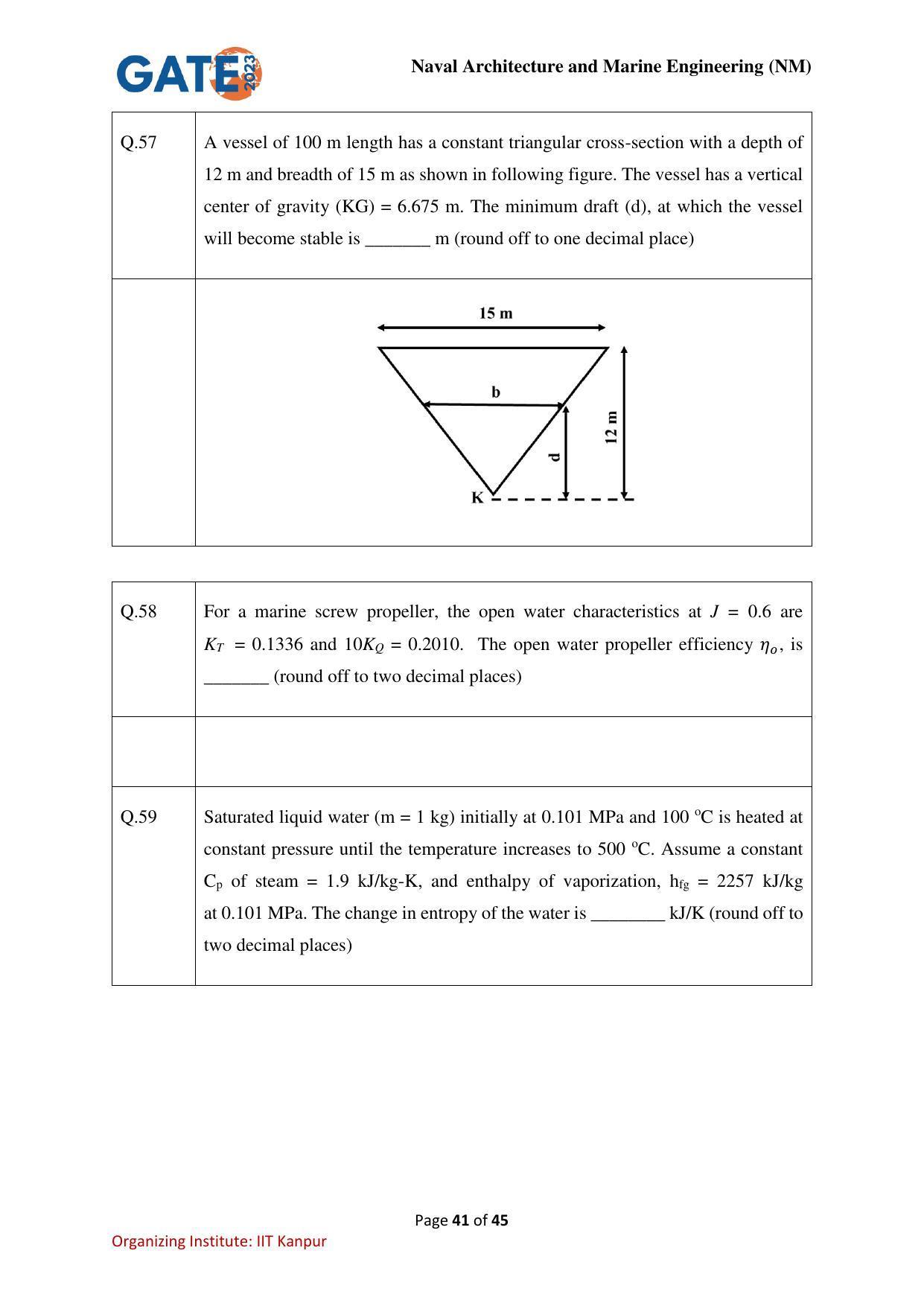 GATE 2023 Naval Architecture and Marine Engineering (NM) Question Paper - Page 41