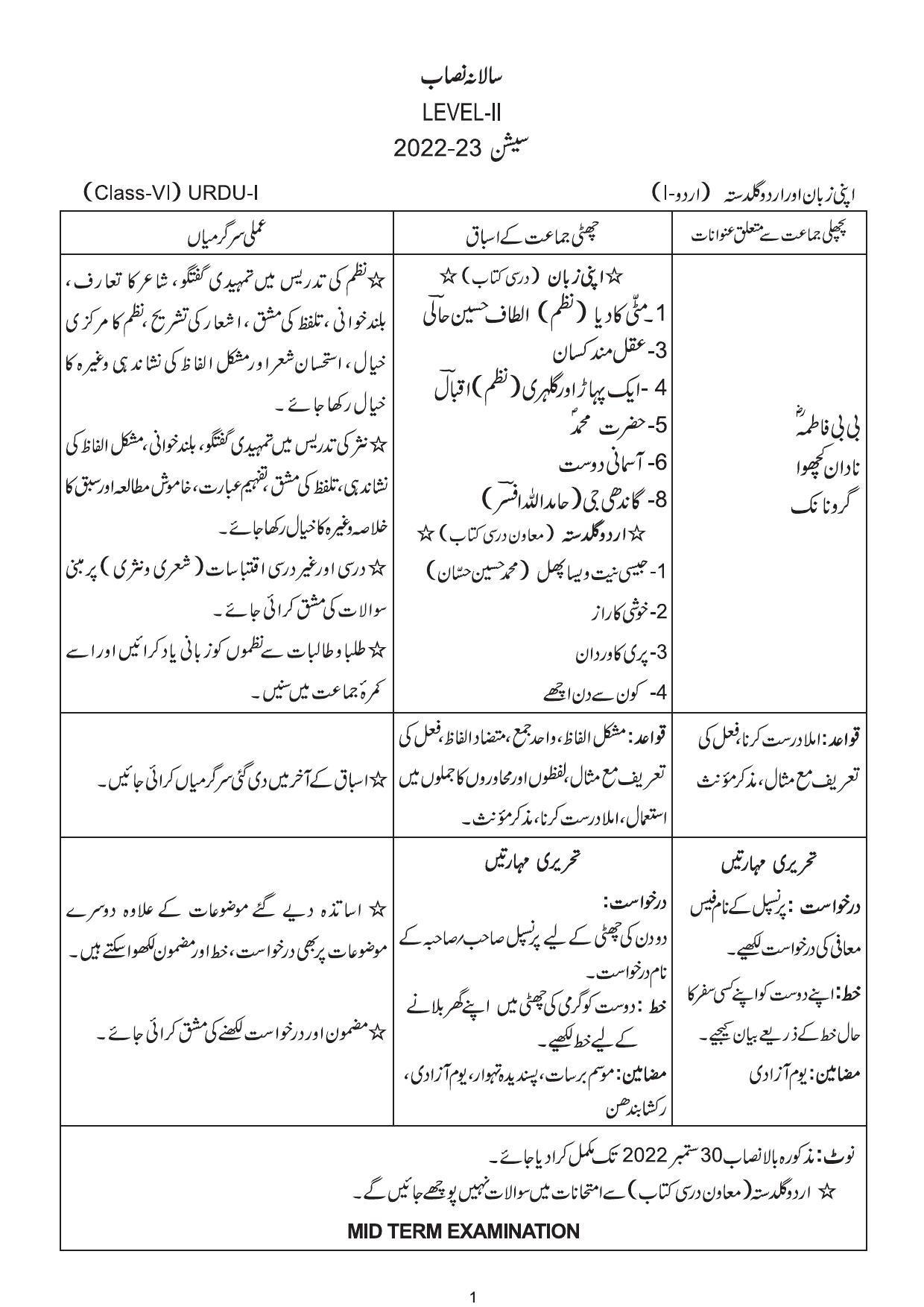 Edudel Class 6 (L-2) Urdu-A Syllabus - Page 1