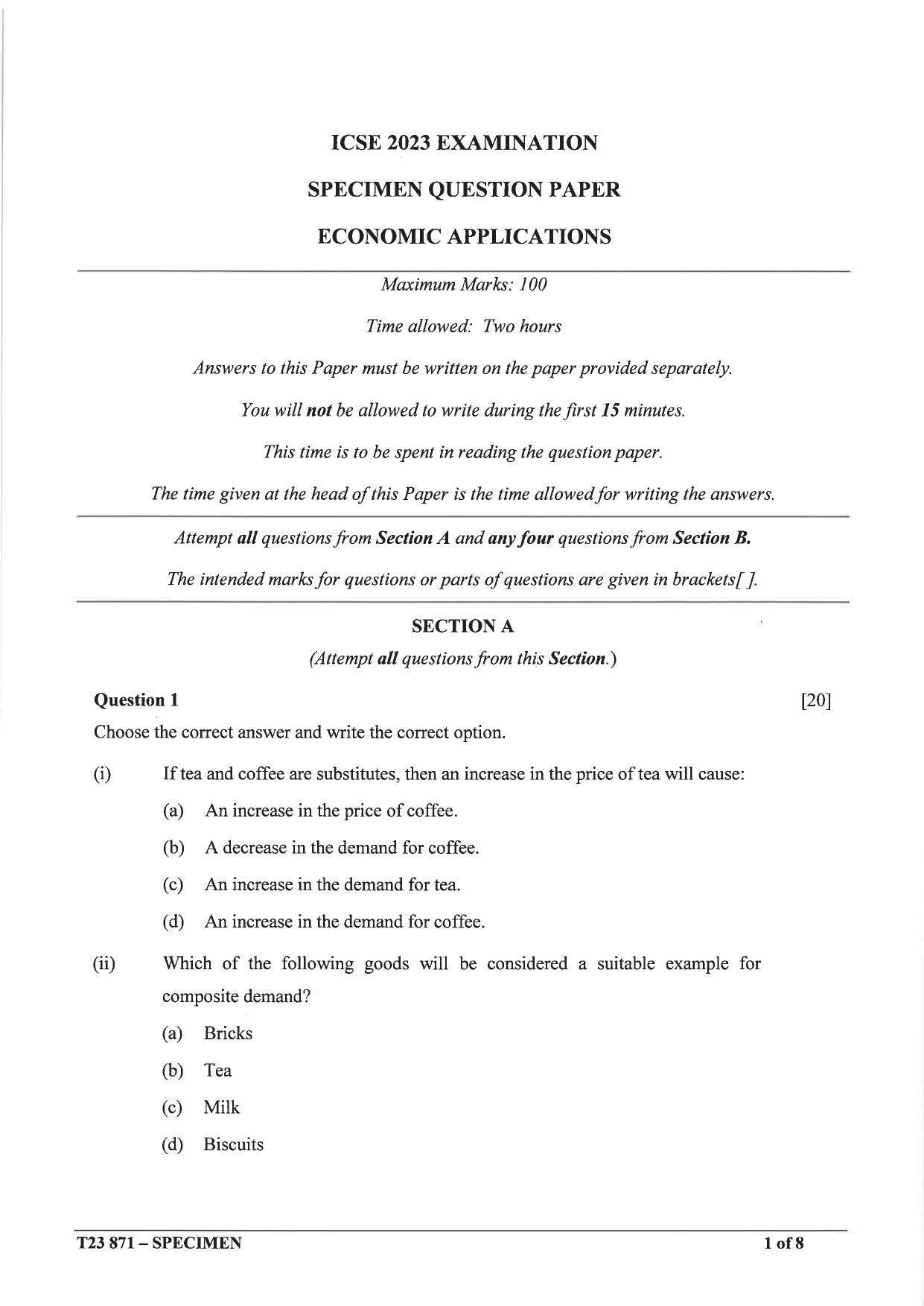 ICSE Class 10 Economic Applications Sample Paper 2023 - Page 1