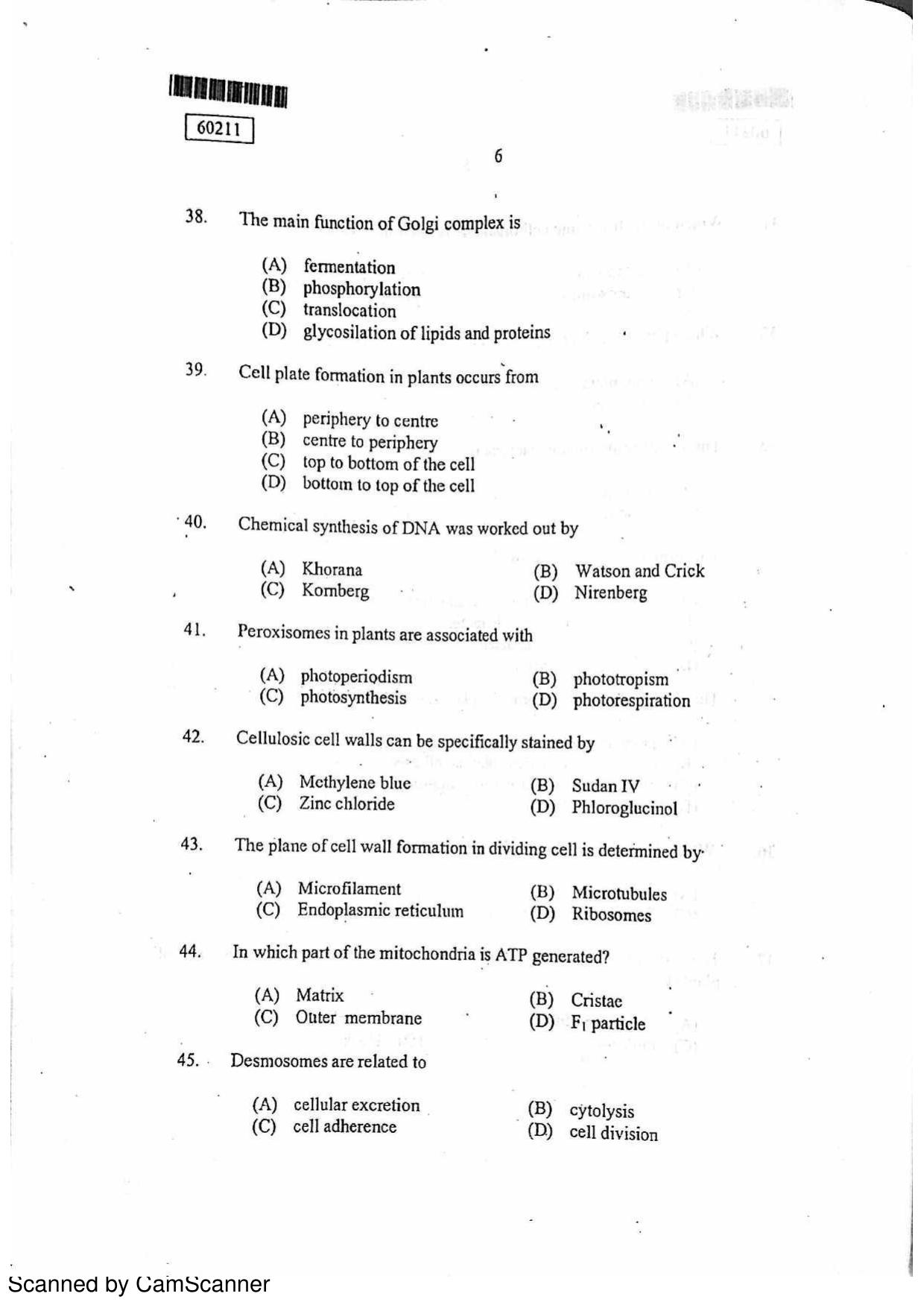 CUSAT CAT 2011 Botany Question Paper - Page 7