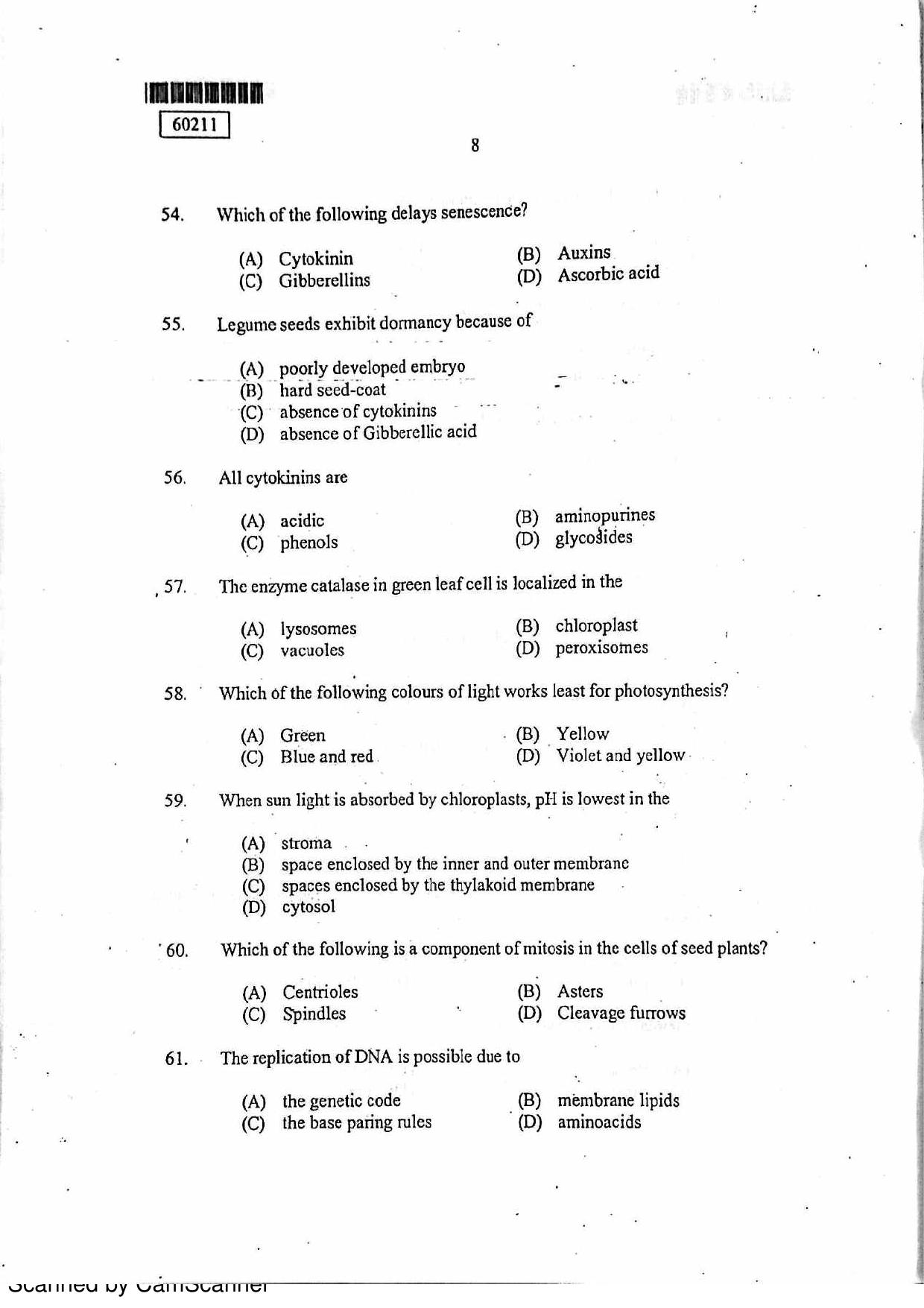 CUSAT CAT 2011 Botany Question Paper - Page 9