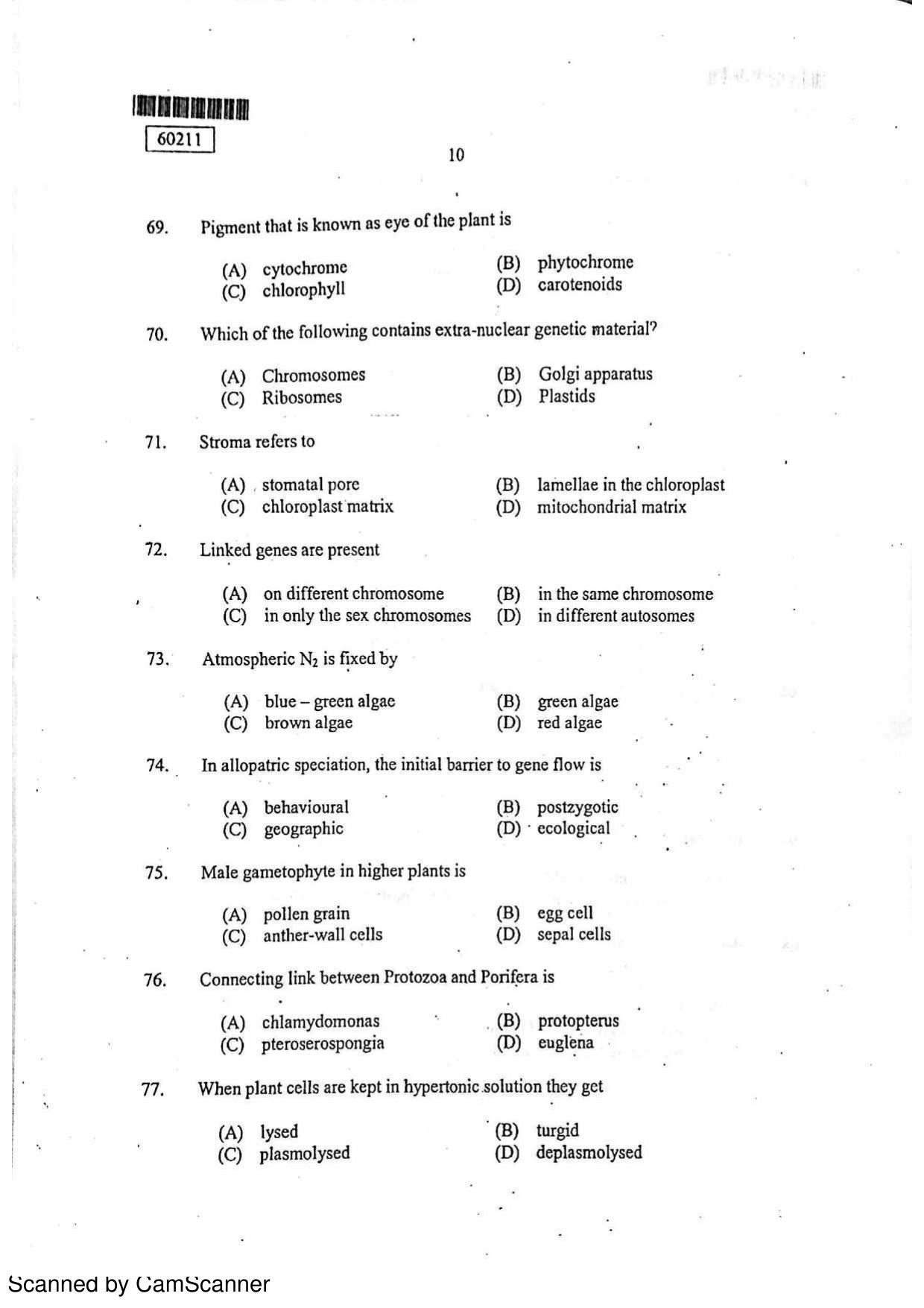 CUSAT CAT 2011 Botany Question Paper - Page 11
