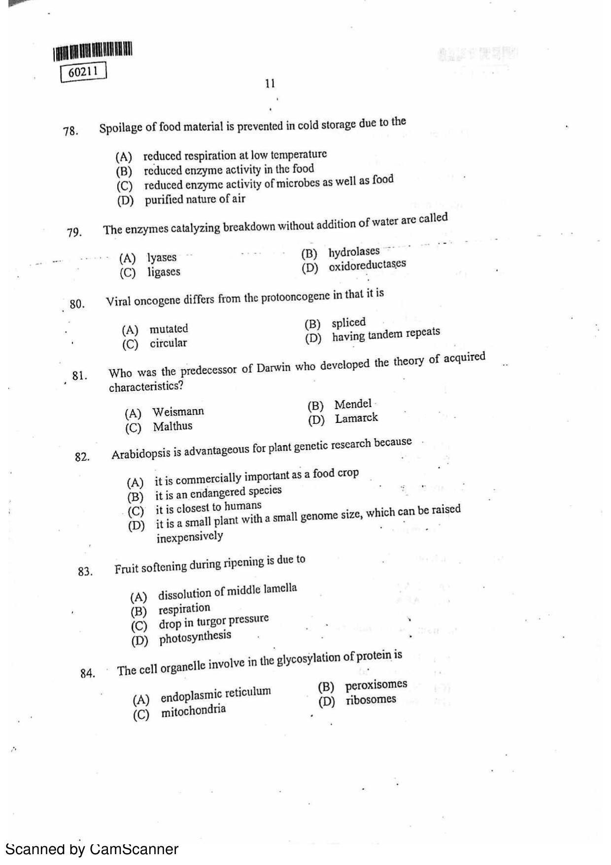 CUSAT CAT 2011 Botany Question Paper - Page 12