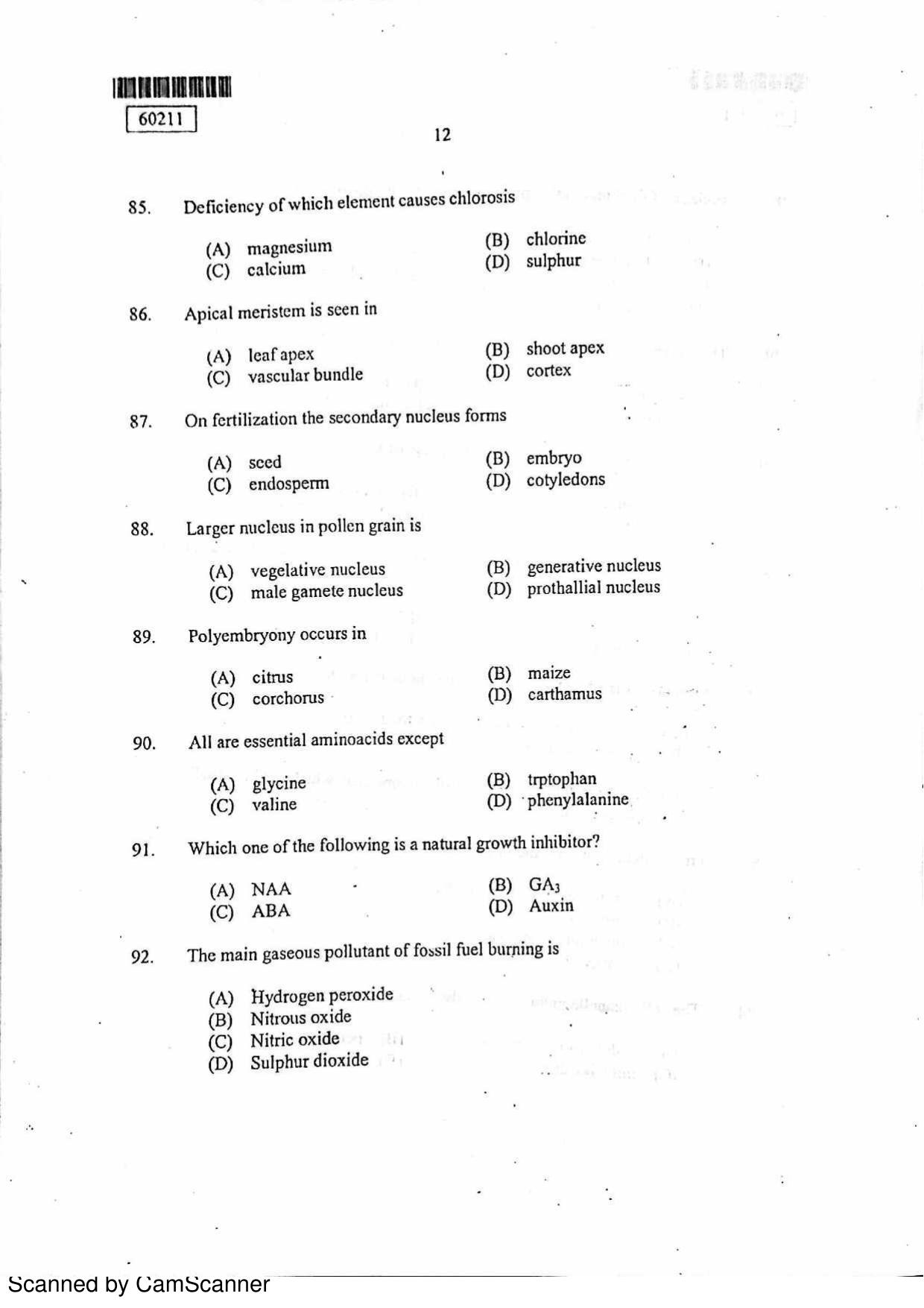CUSAT CAT 2011 Botany Question Paper - Page 13