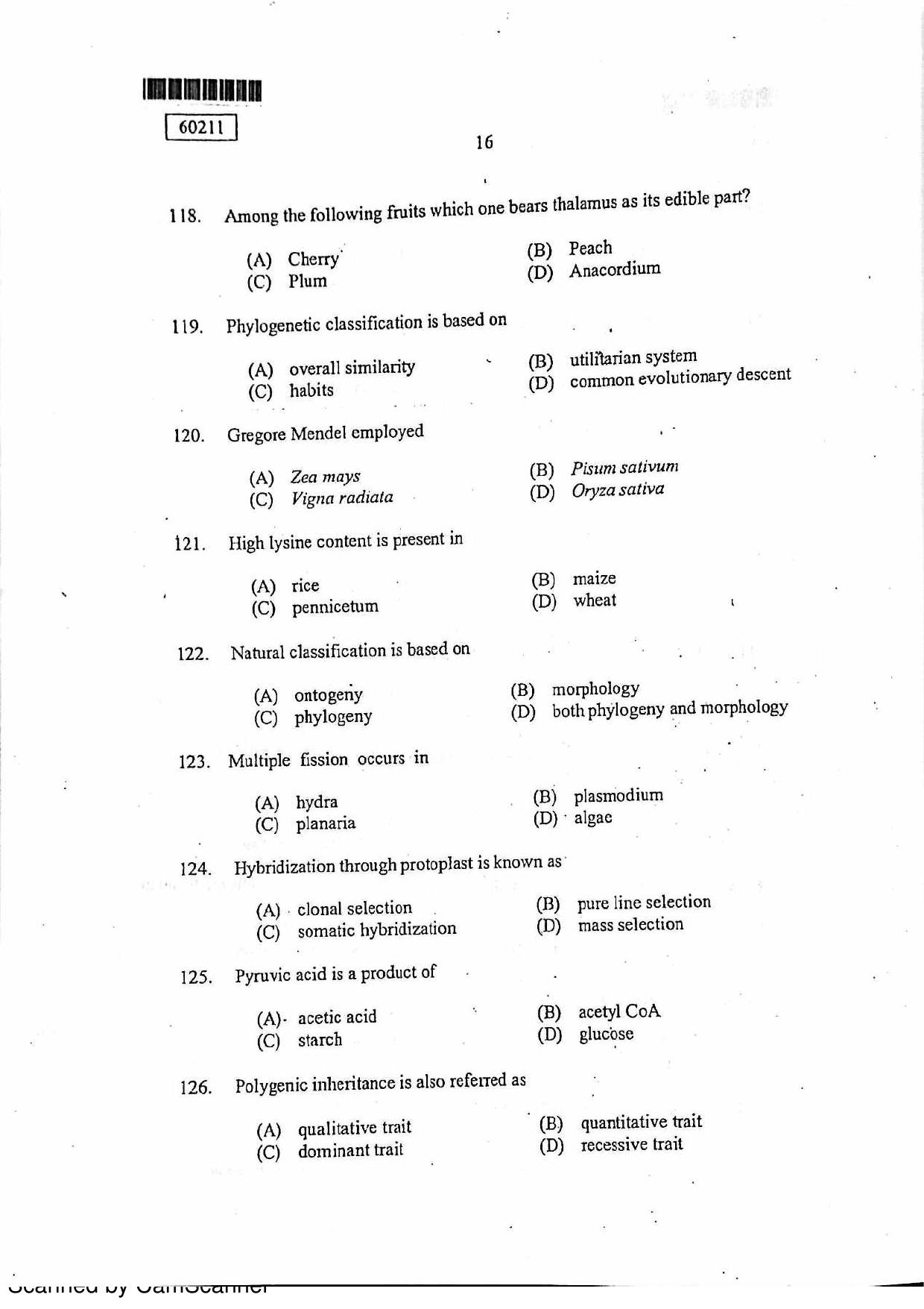 CUSAT CAT 2011 Botany Question Paper - Page 17