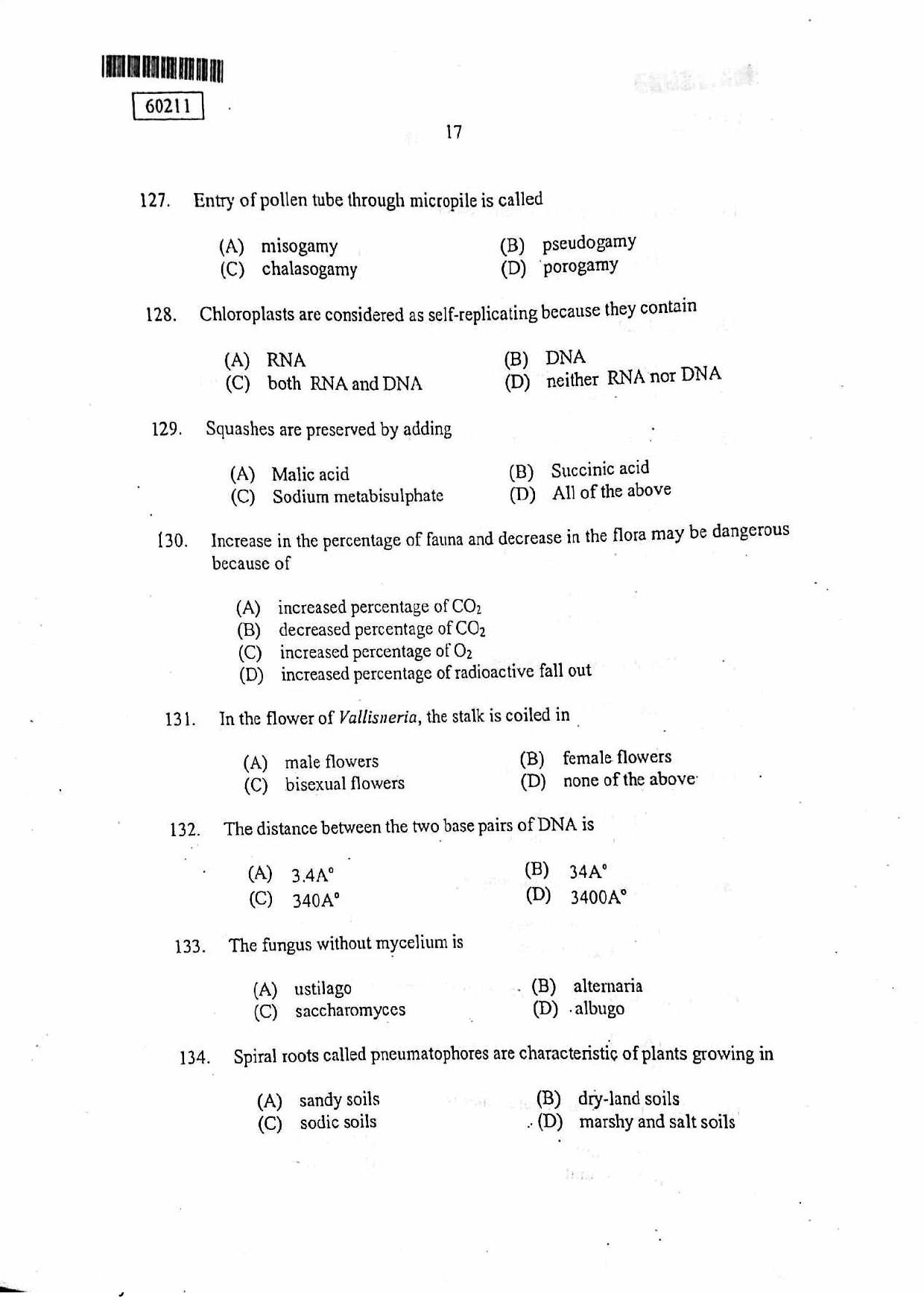CUSAT CAT 2011 Botany Question Paper - Page 18