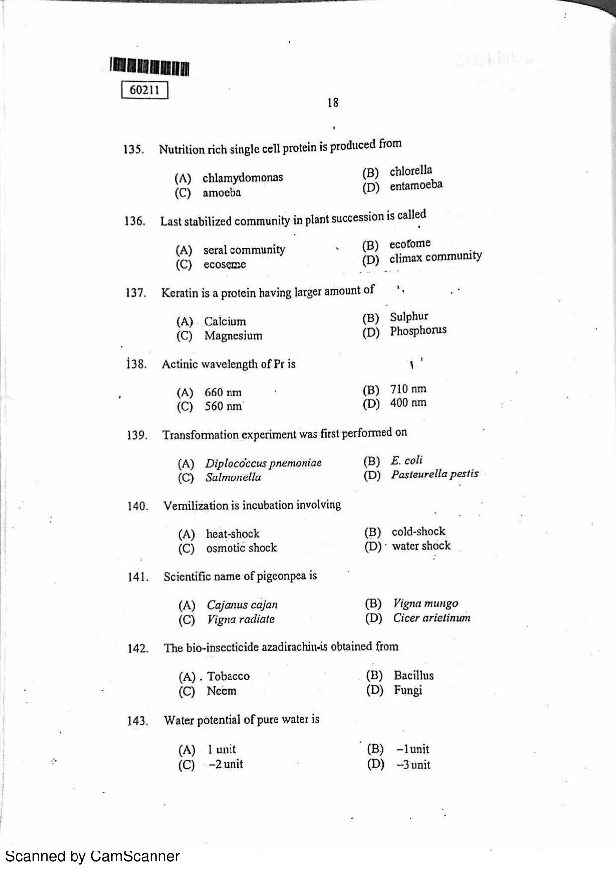 CUSAT CAT 2011 Botany Question Paper - Page 19