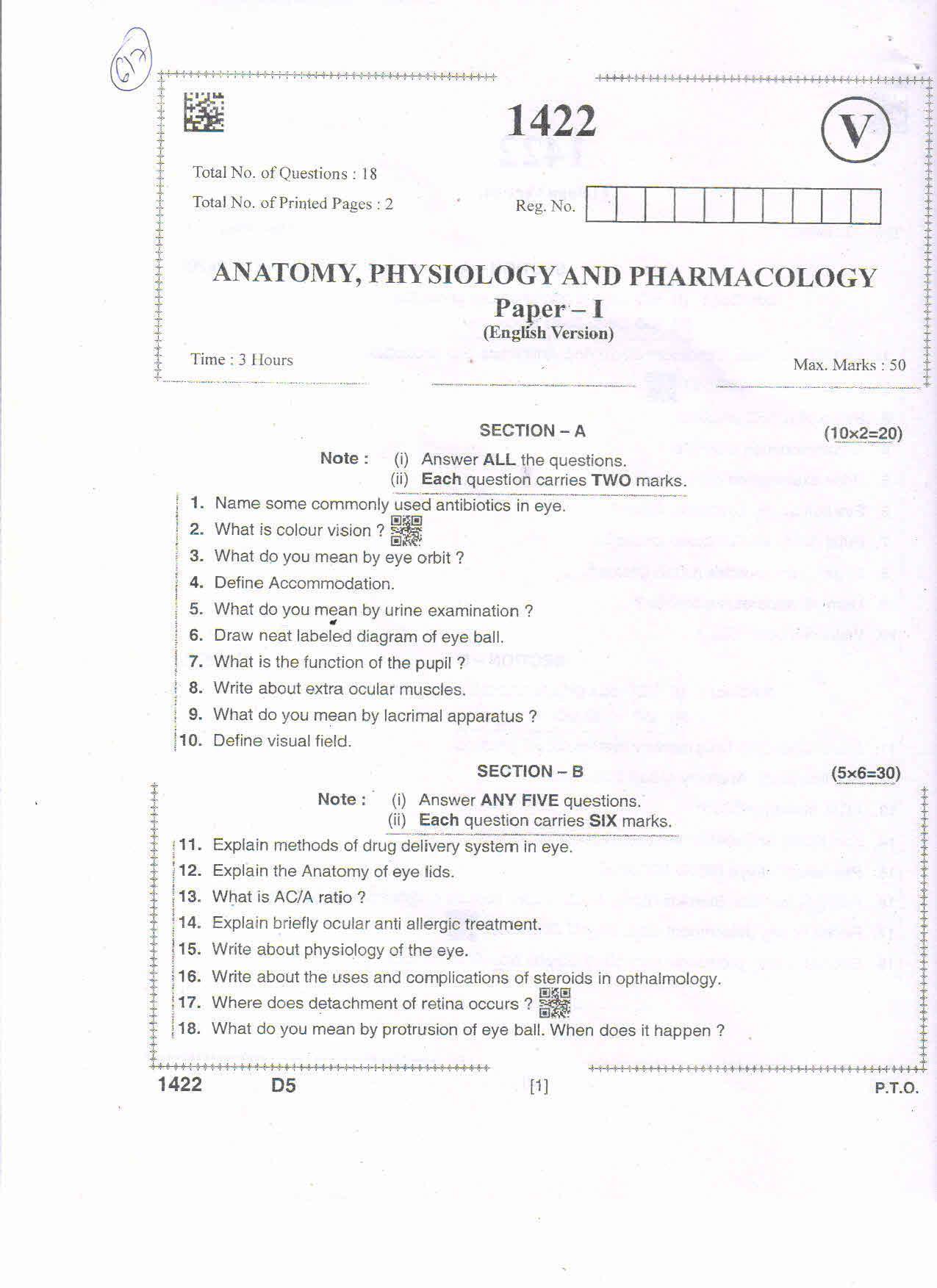 AP Intermediate 2nd Year Vocational Question Paper September-2021-  Anatomy,Physiology&Pharmacology-I - Page 1
