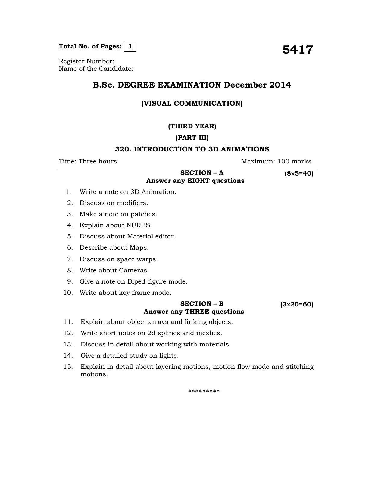 Annamalai University Introduction To 3d Animations B.Sc Visual Communication December 2014 Question Papers - Page 1