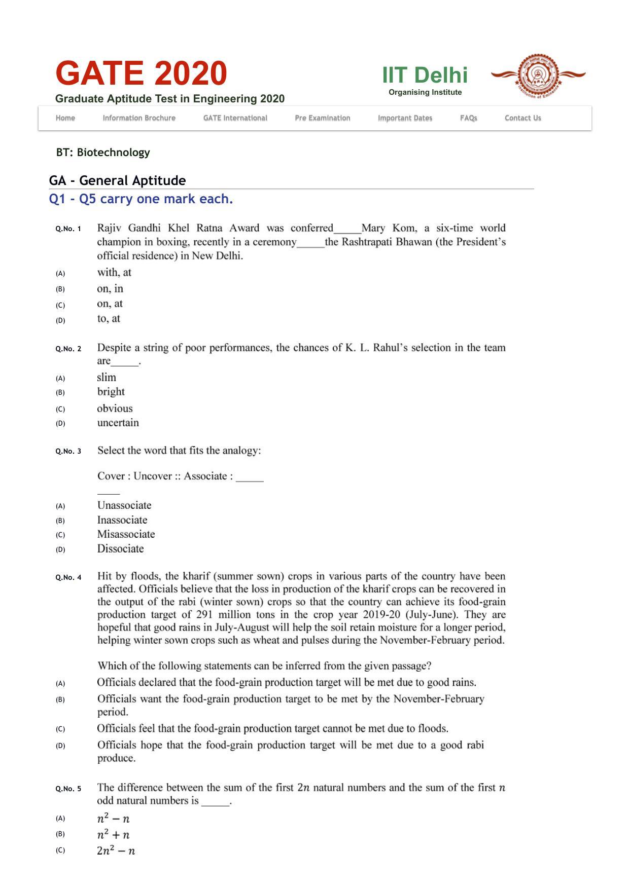 GATE 2020 Biotechnology (BT) Question Paper - Page 1