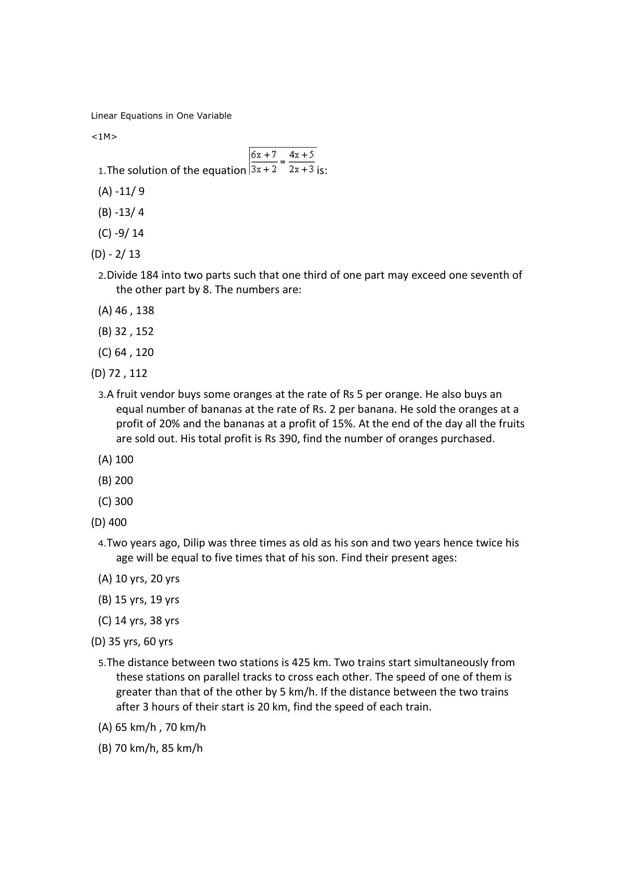 CBSE Worksheets for Class 8 Mathematics Linear Equations in One Variable Assignment 5 - Page 1