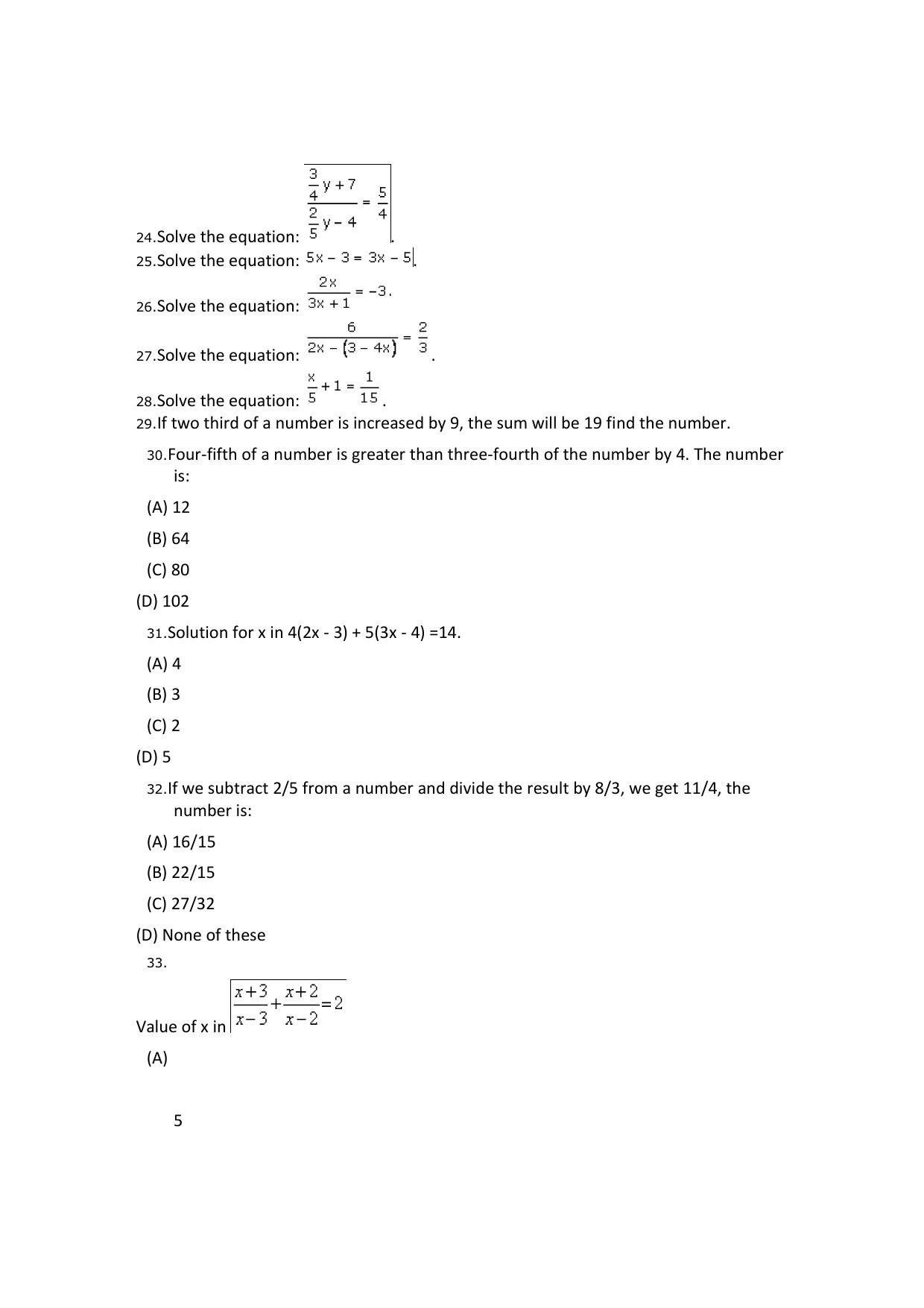 CBSE Worksheets for Class 8 Mathematics Linear Equations in One Variable Assignment 5 - Page 5