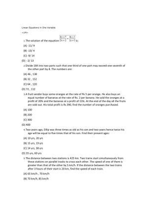 CBSE Worksheets for Class 8 Mathematics Linear Equations in One Variable Assignment 5