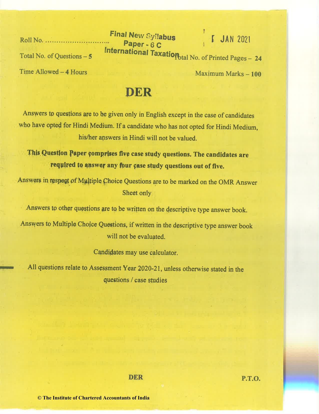 CA Final Jan 2021 Question Paper - Paper 6C – International Taxation - Page 1