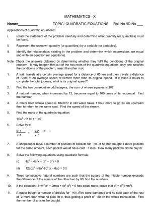 CBSE Worksheets for Class 10 Maths Quadratic Equation Assignment 2