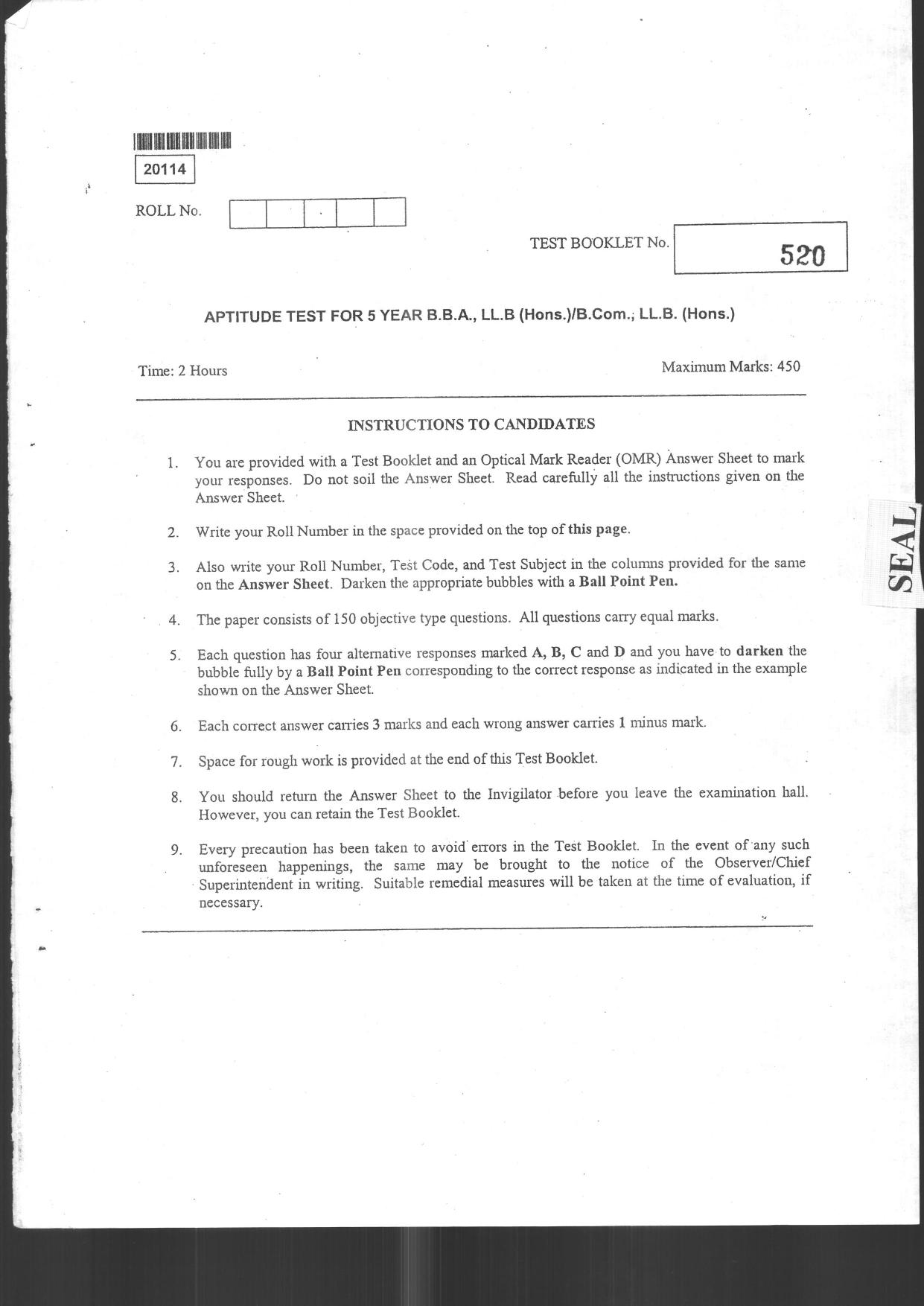CUSAT CAT 2024 BBA & LLB (Hons) Question Paper - Page 1
