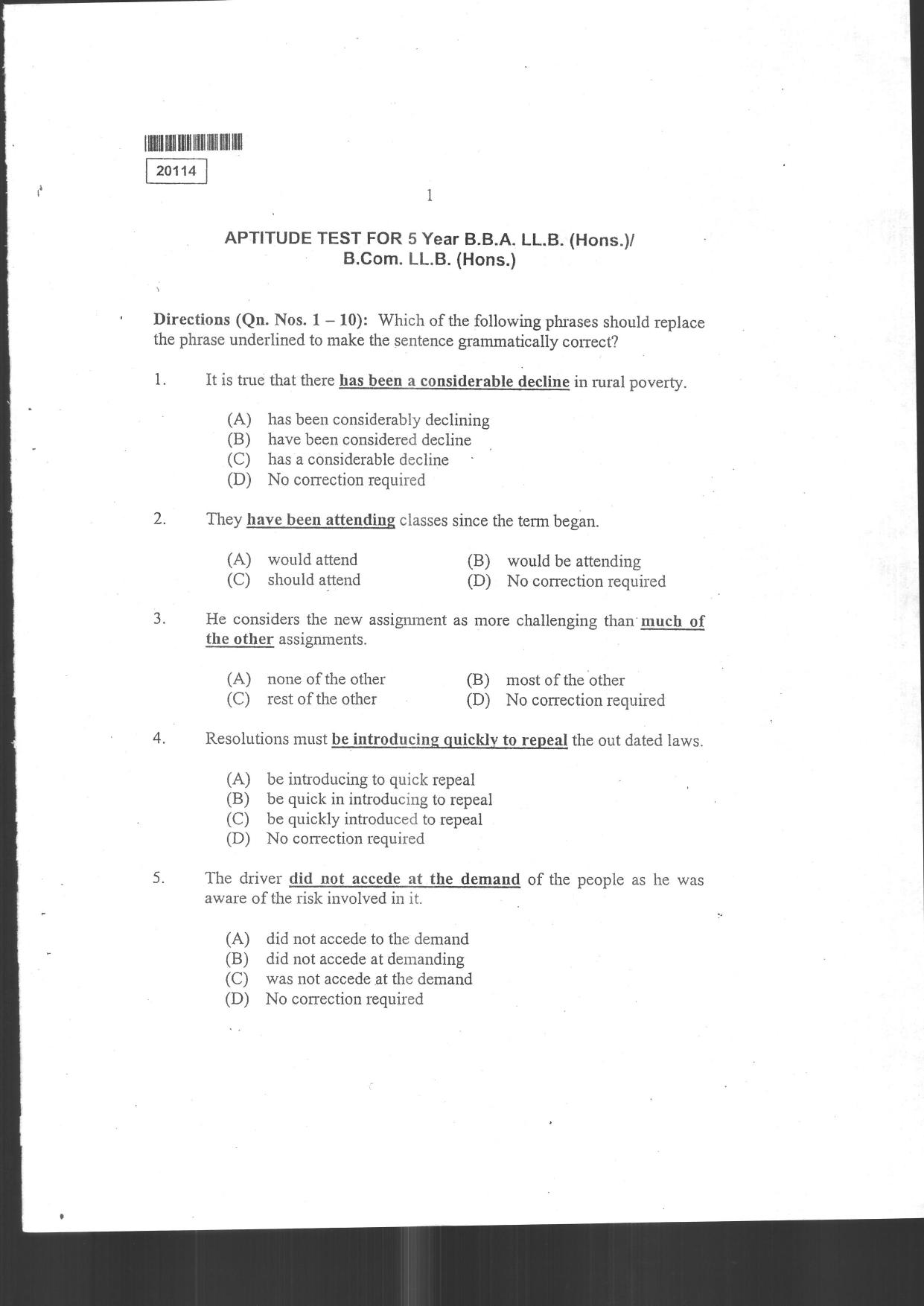 CUSAT CAT 2024 BBA & LLB (Hons) Question Paper - Page 3