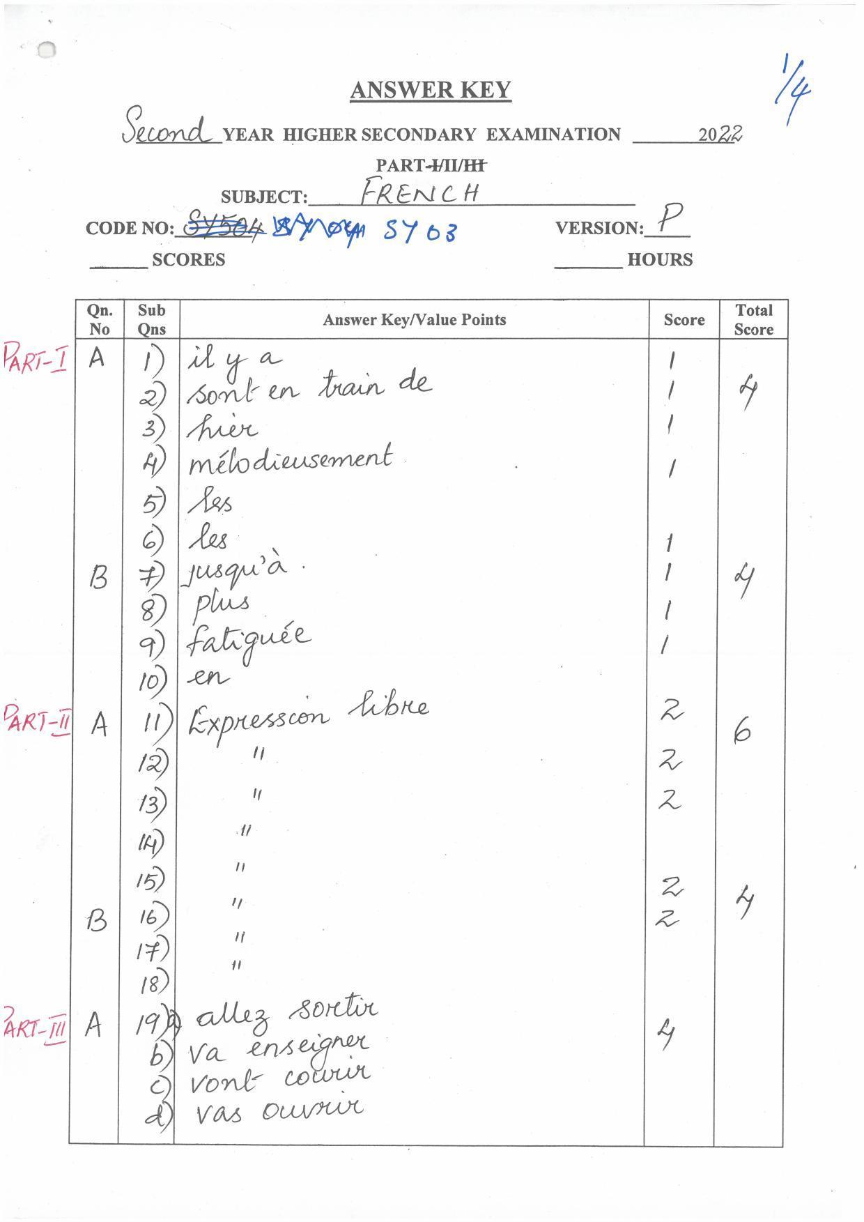 Kerala Plus Two (Class 12th)  Answer Key 2022 - French - Page 1