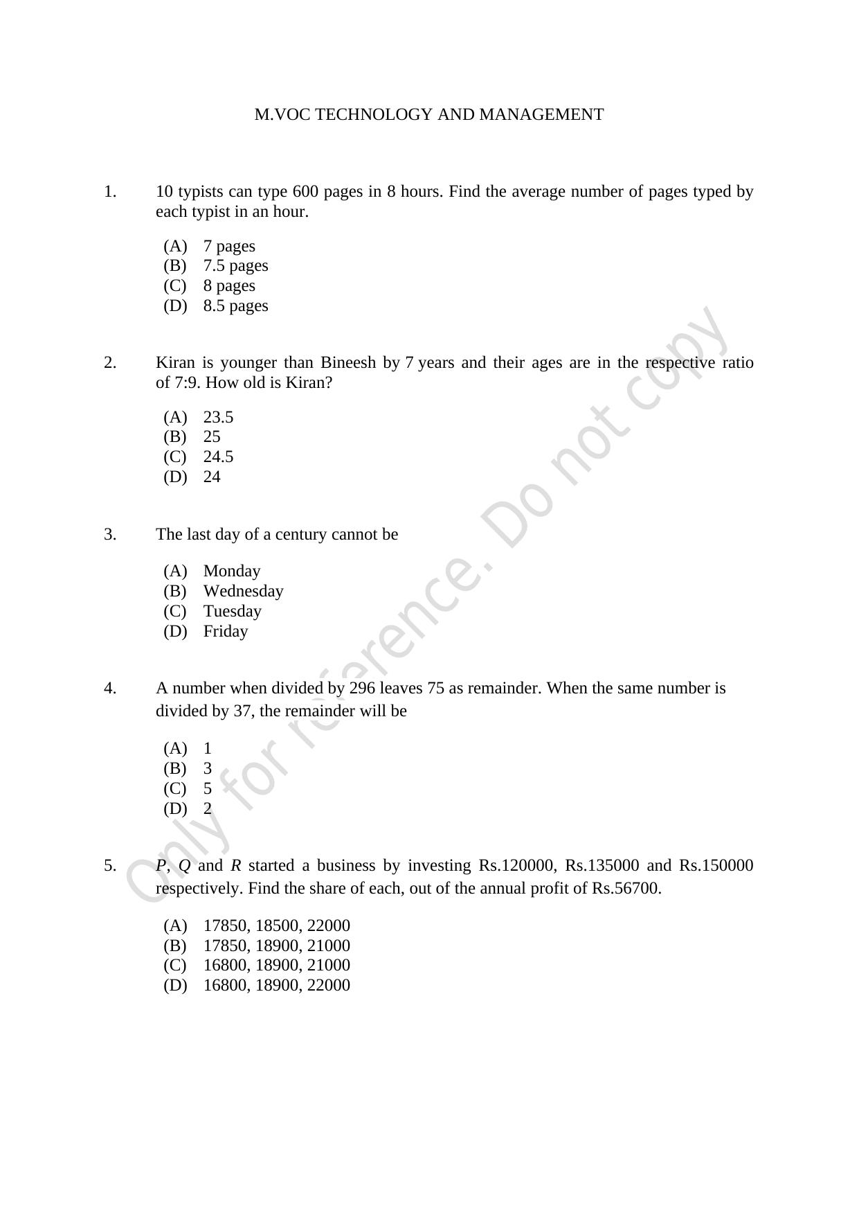 CUSAT CAT 2021 M.Voc Technology And Management Question Paper - Page 1