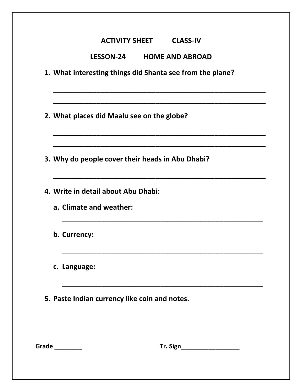Worksheet for Class 4 Environmental Studies Home and Abroad Assignment - Page 1