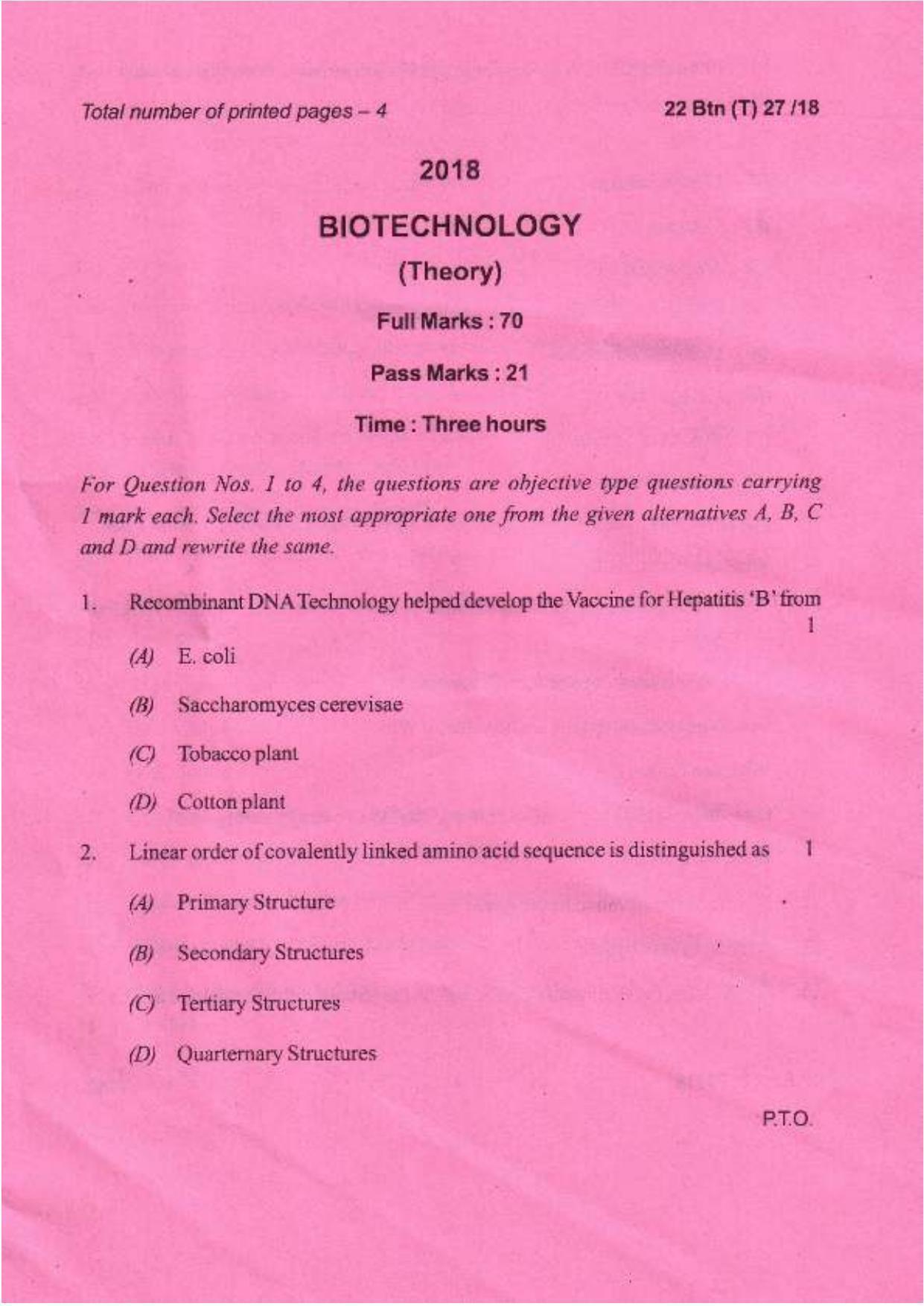 COHSEM Class 12 Biotechnology 2018 Question Papers - Page 1