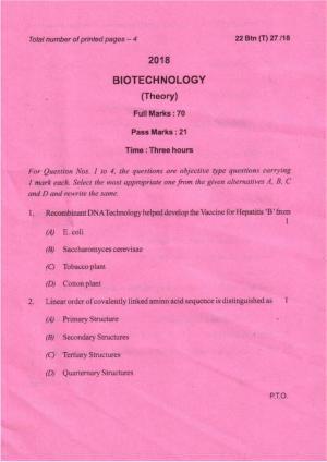COHSEM Class 12 Biotechnology 2018 Question Papers