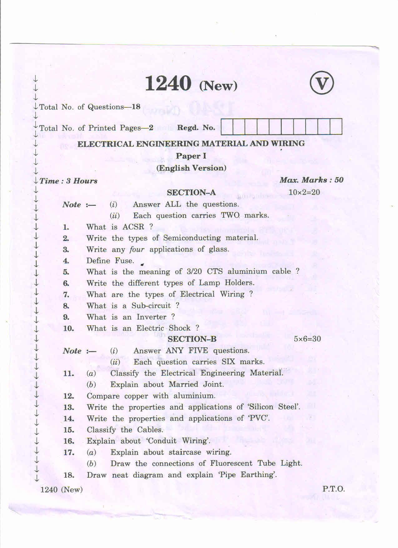 AP Inter 1st Year Electrical Engineering Materials Wiring-I March-2020-VocationalQuestion Paper - Page 1