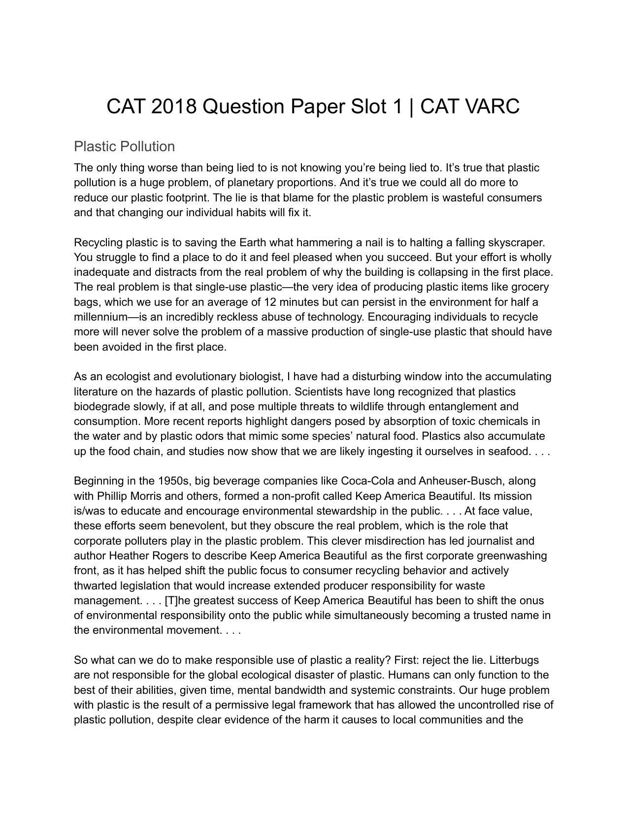 CAT 2018 CAT VARC Slot 1 Question Paper - Page 1