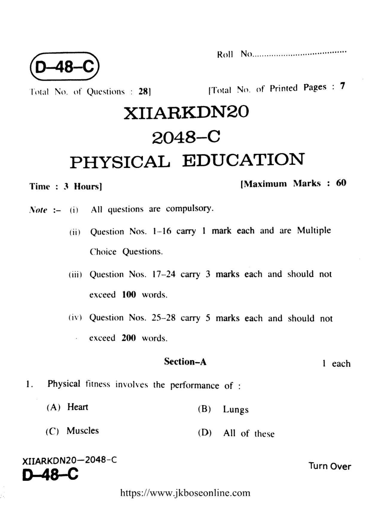 JKBOSE Class 12 Physical-Education 2048-C Question Papers 2020 - Page 1
