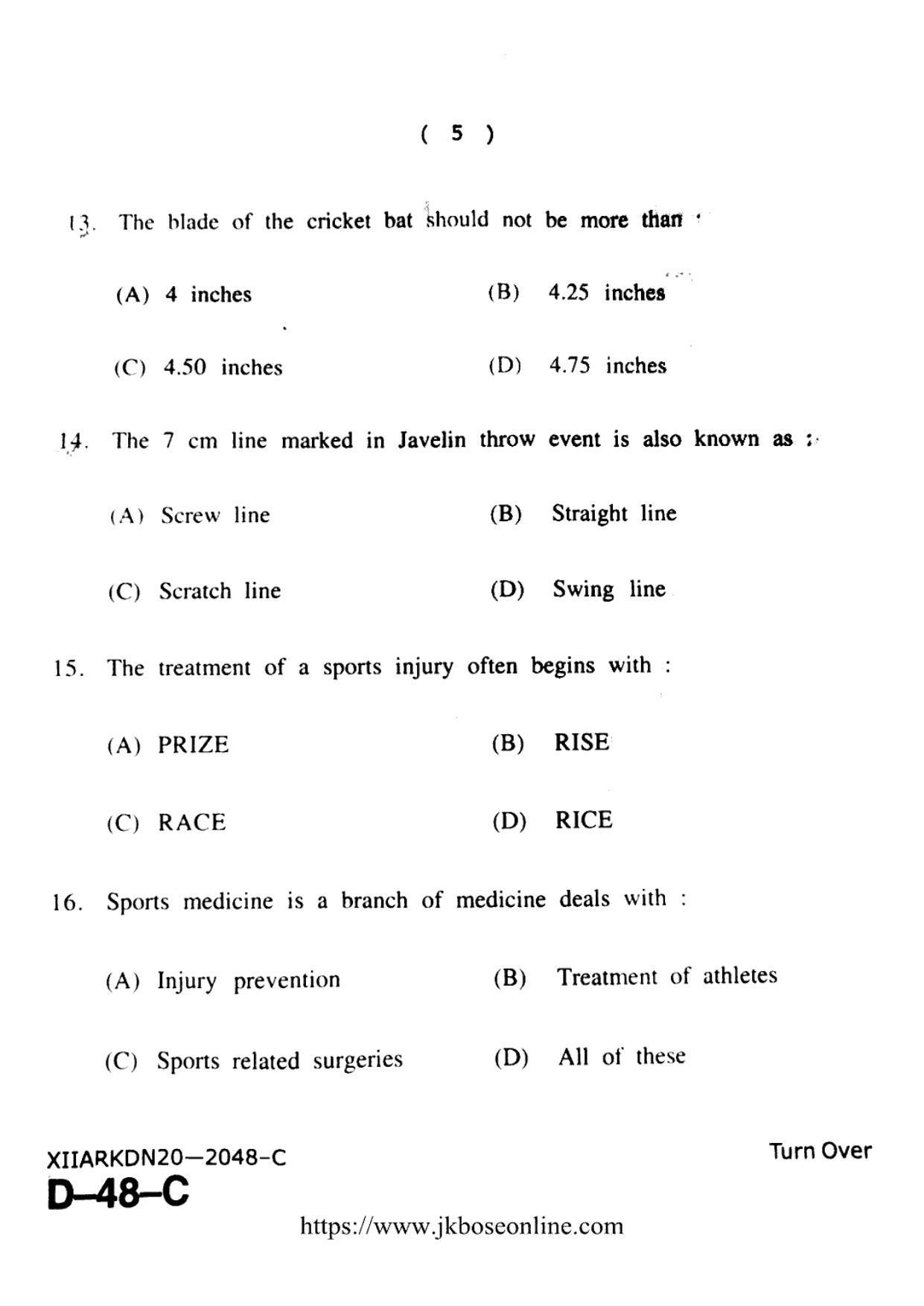 JKBOSE Class 12 Physical-Education 2048-C Question Papers 2020 - Page 5