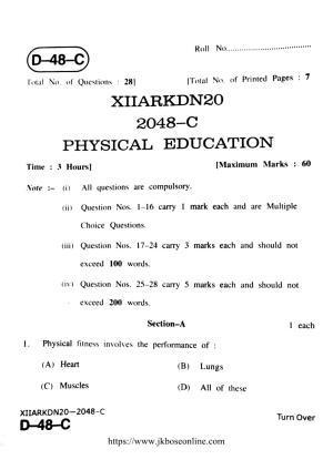 JKBOSE Class 12 Physical-Education 2048-C Question Papers 2020