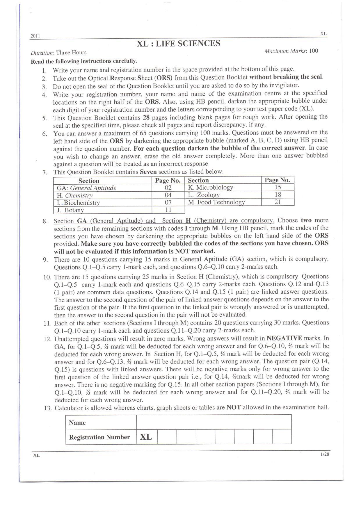 GATE 2011 Life Sciences (XL) Question Paper with Answer Key - Page 1