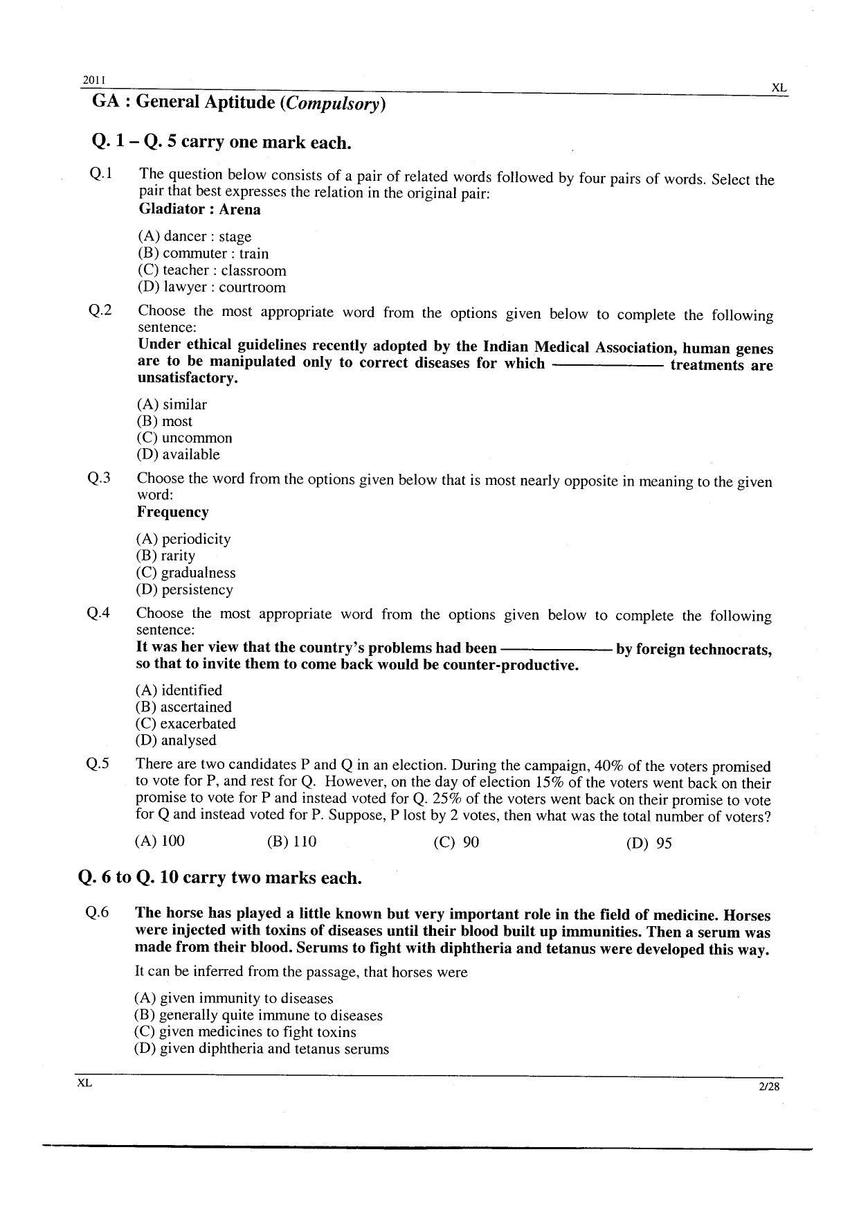 GATE 2011 Life Sciences (XL) Question Paper with Answer Key - Page 2