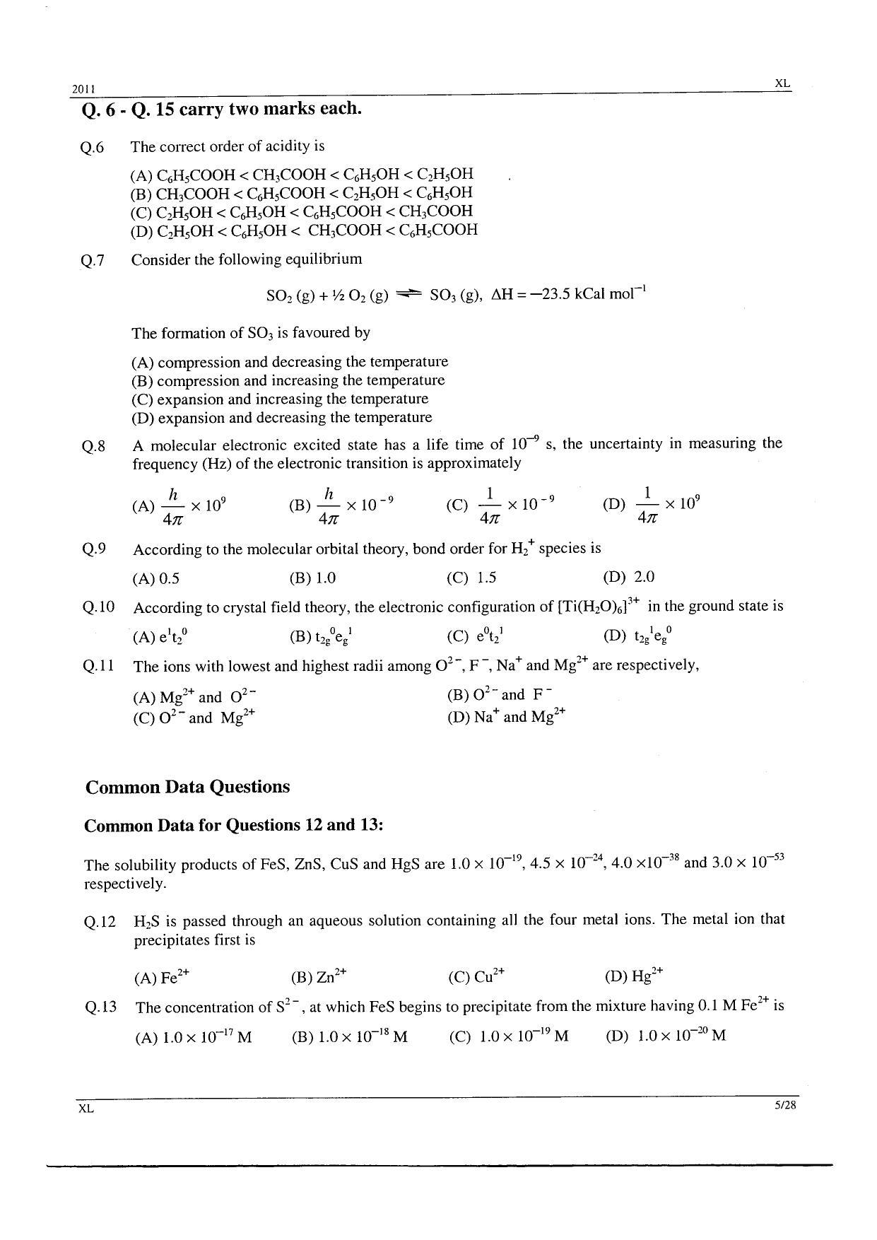 GATE 2011 Life Sciences (XL) Question Paper with Answer Key - Page 5