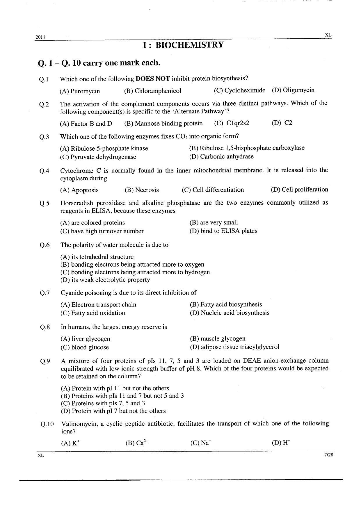 GATE 2011 Life Sciences (XL) Question Paper with Answer Key - Page 7