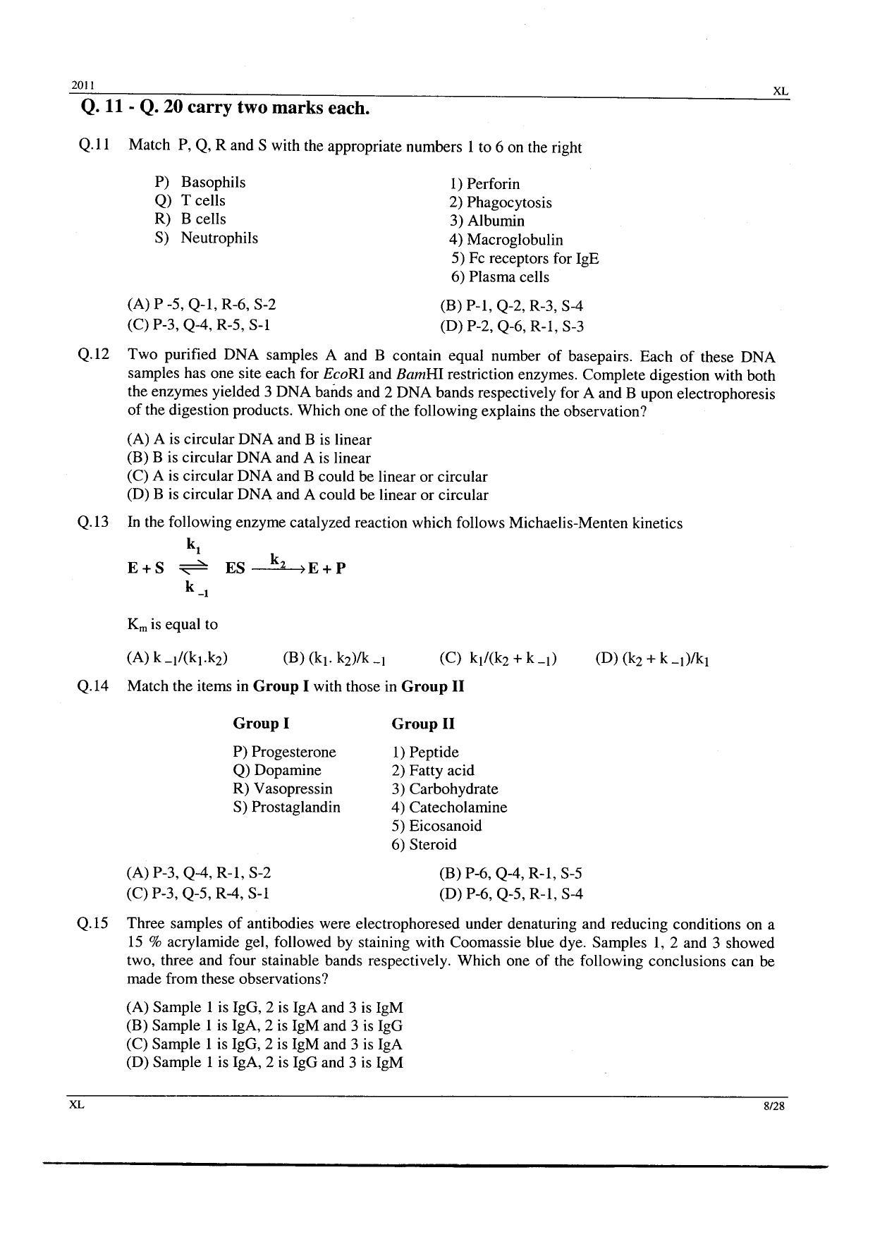 GATE 2011 Life Sciences (XL) Question Paper with Answer Key - Page 8