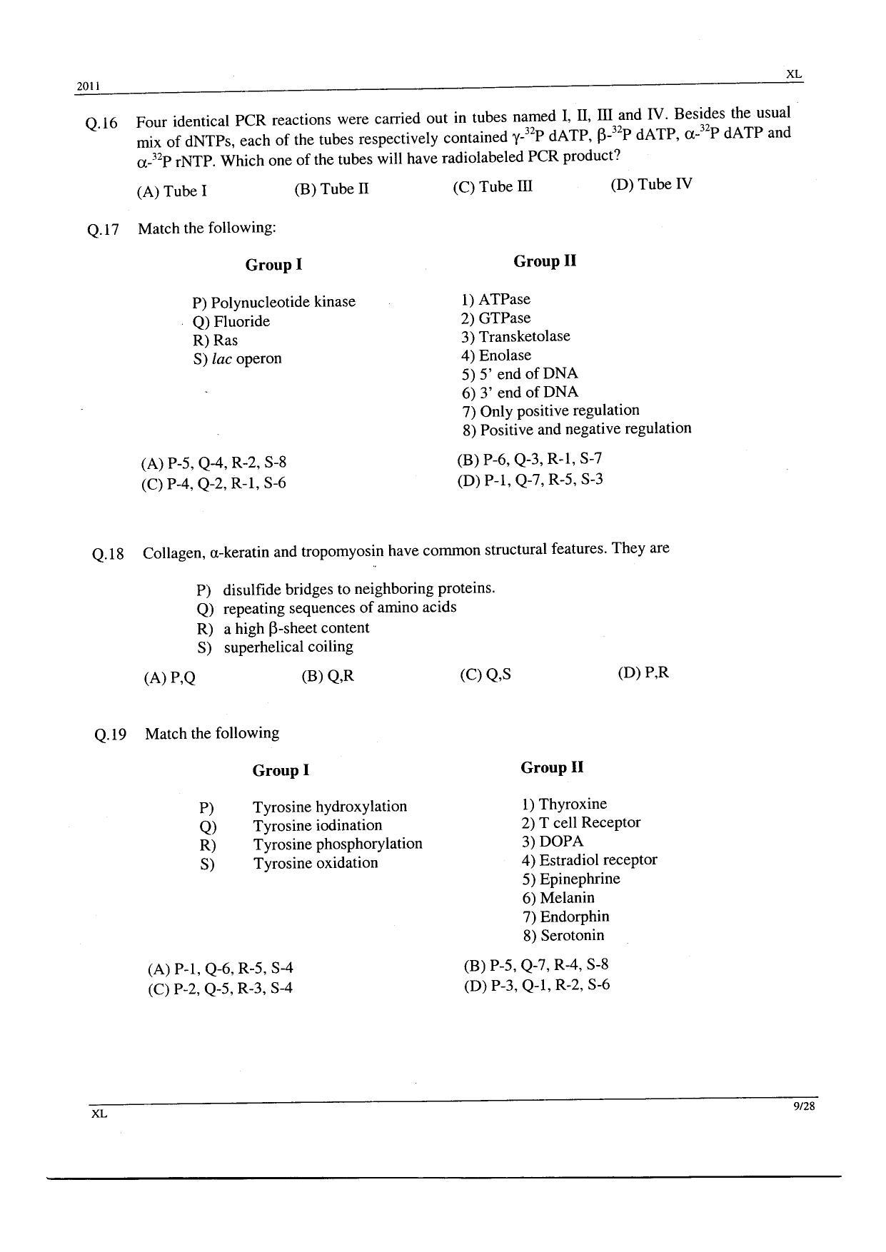 GATE 2011 Life Sciences (XL) Question Paper with Answer Key - Page 9