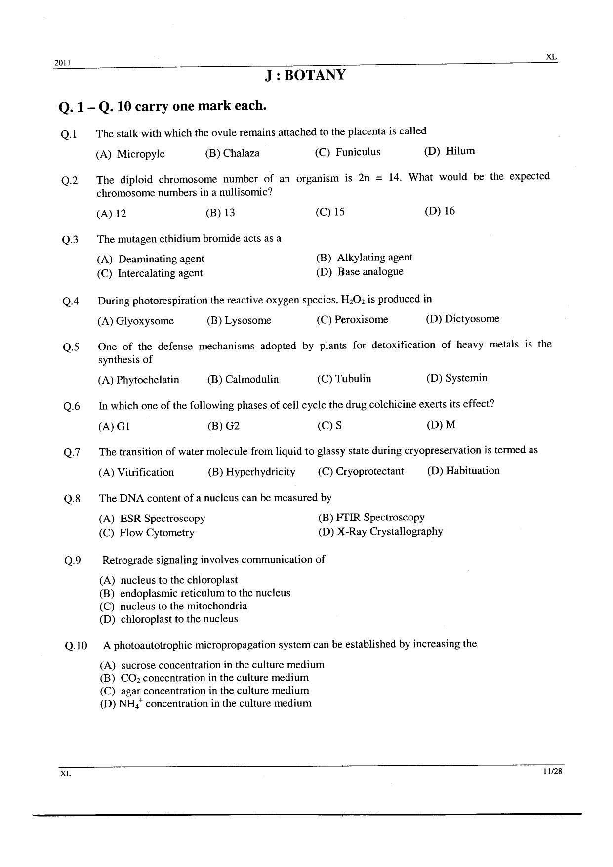 GATE 2011 Life Sciences (XL) Question Paper with Answer Key - Page 11