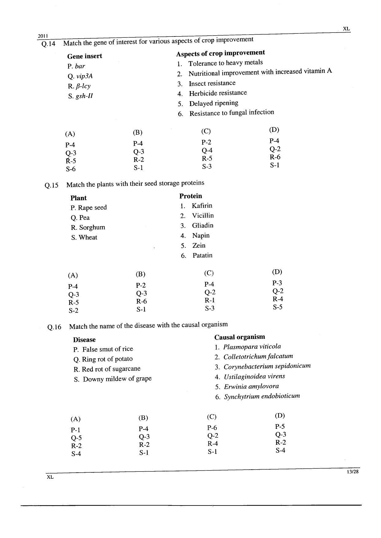 GATE 2011 Life Sciences (XL) Question Paper with Answer Key - Page 13