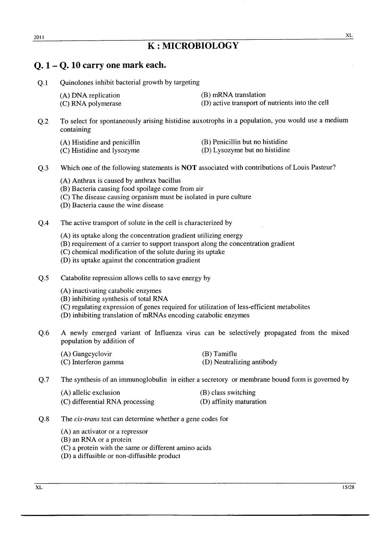 GATE 2011 Life Sciences (XL) Question Paper with Answer Key - Page 15