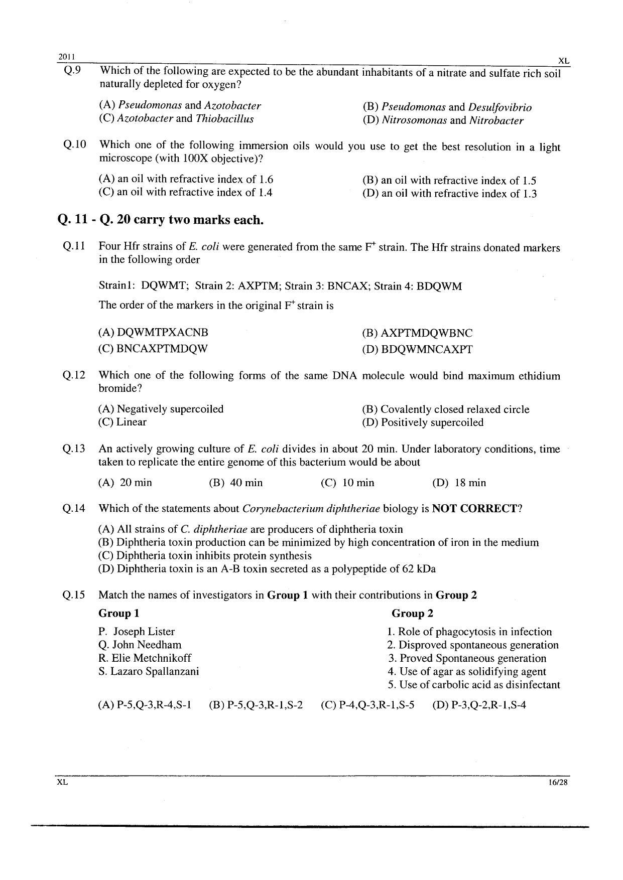 GATE 2011 Life Sciences (XL) Question Paper with Answer Key - Page 16