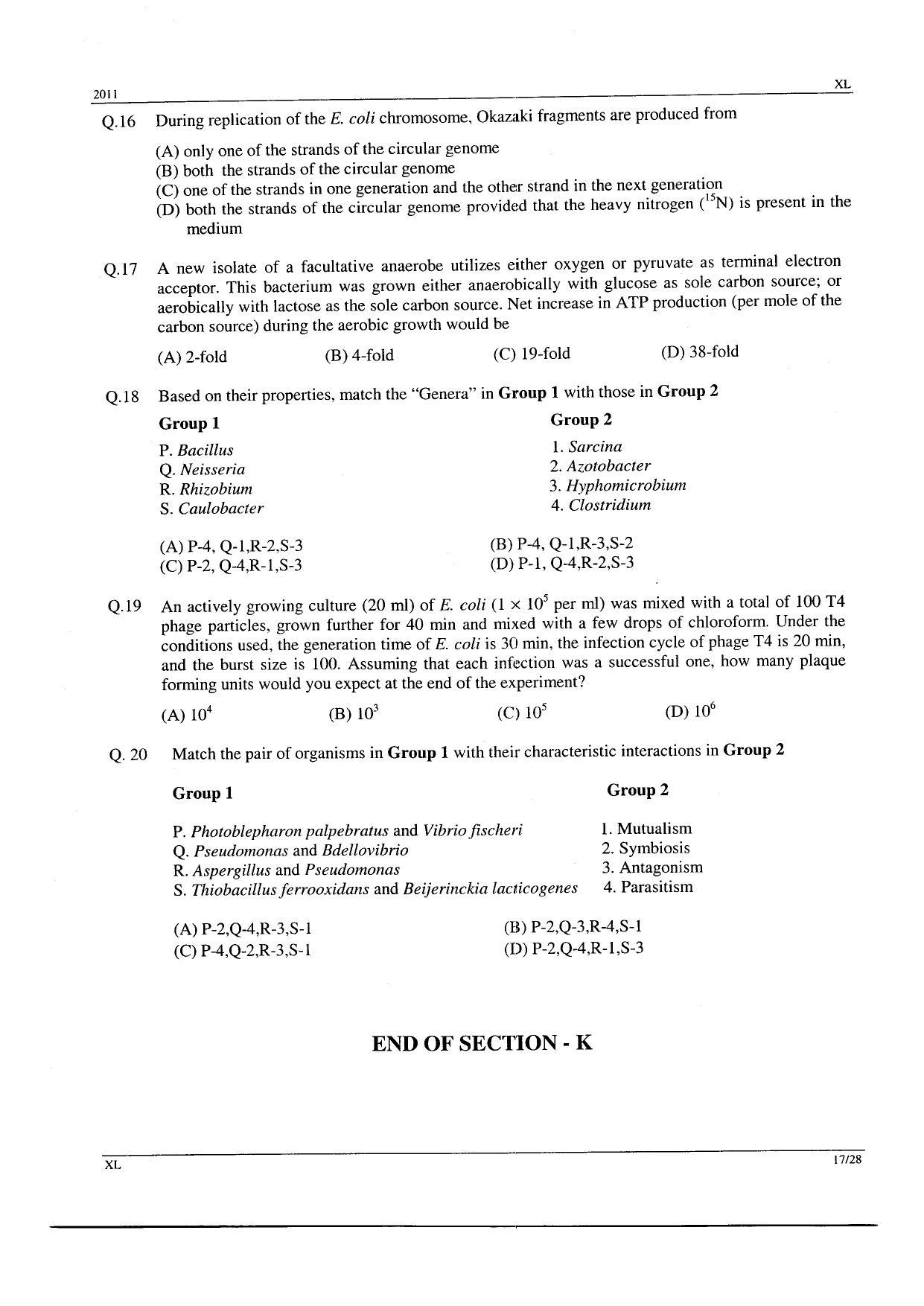 GATE 2011 Life Sciences (XL) Question Paper with Answer Key - Page 17