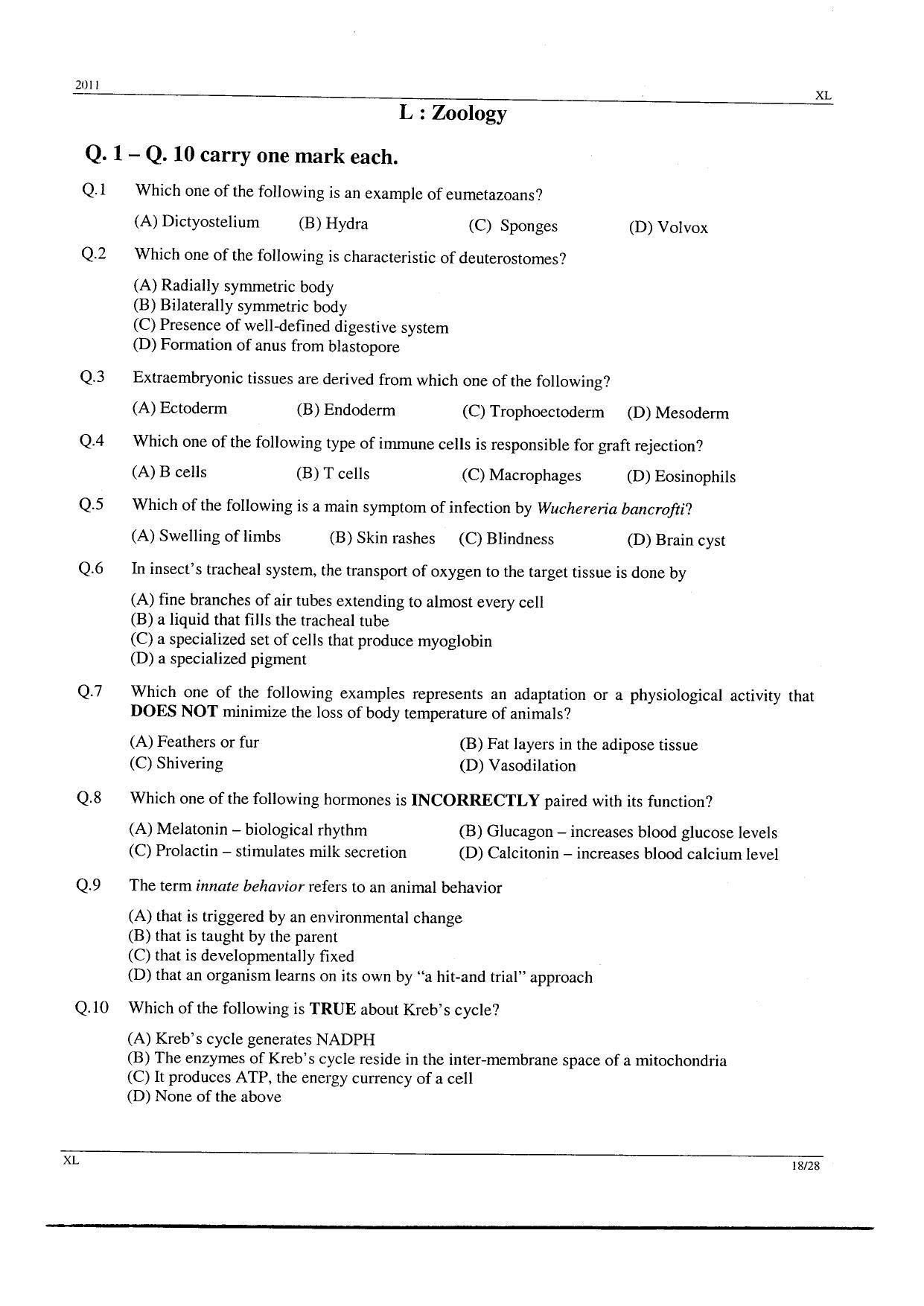 GATE 2011 Life Sciences (XL) Question Paper with Answer Key - Page 18