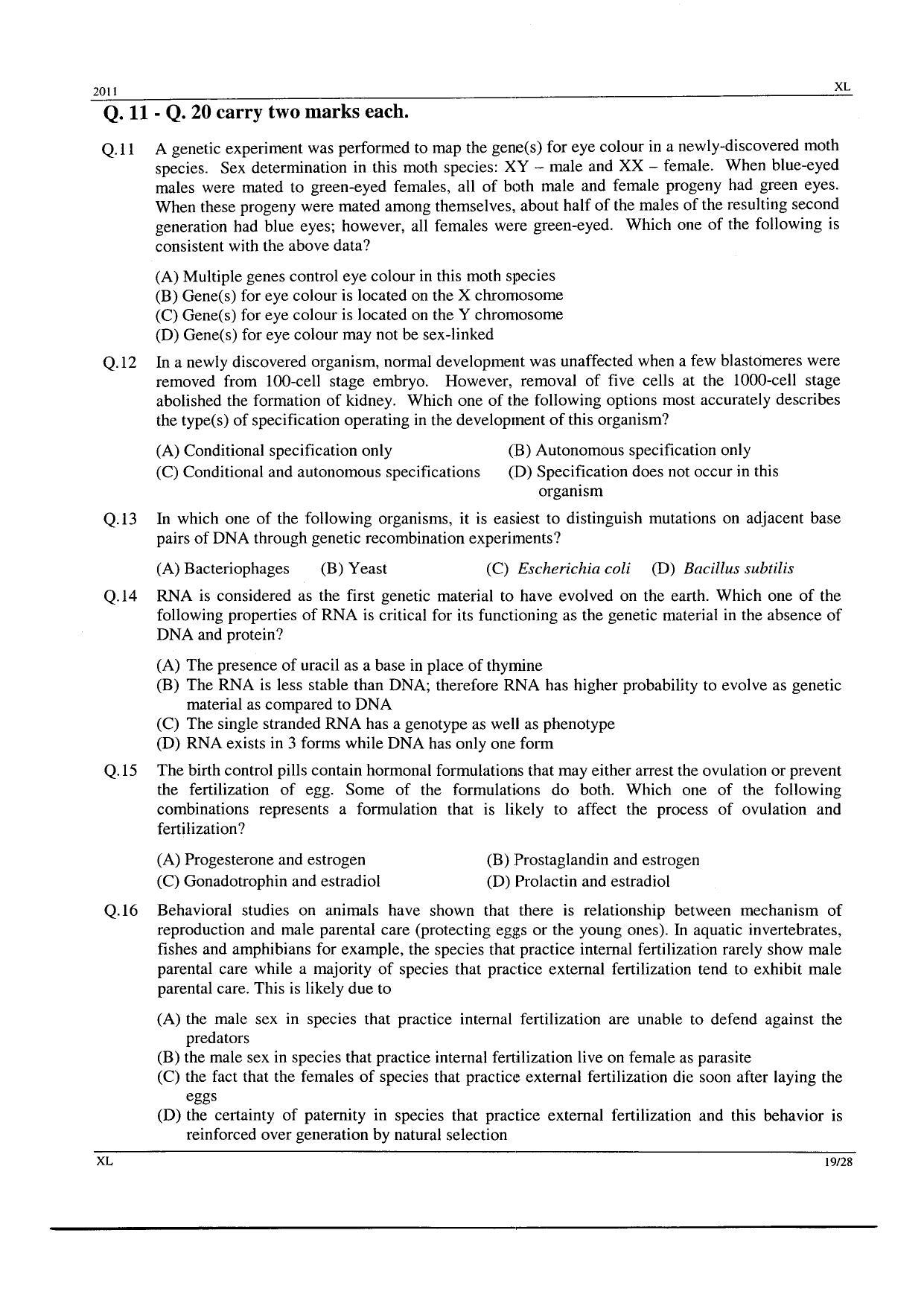GATE 2011 Life Sciences (XL) Question Paper with Answer Key - Page 19