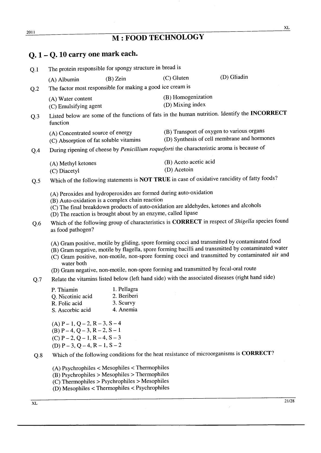 GATE 2011 Life Sciences (XL) Question Paper with Answer Key - Page 21