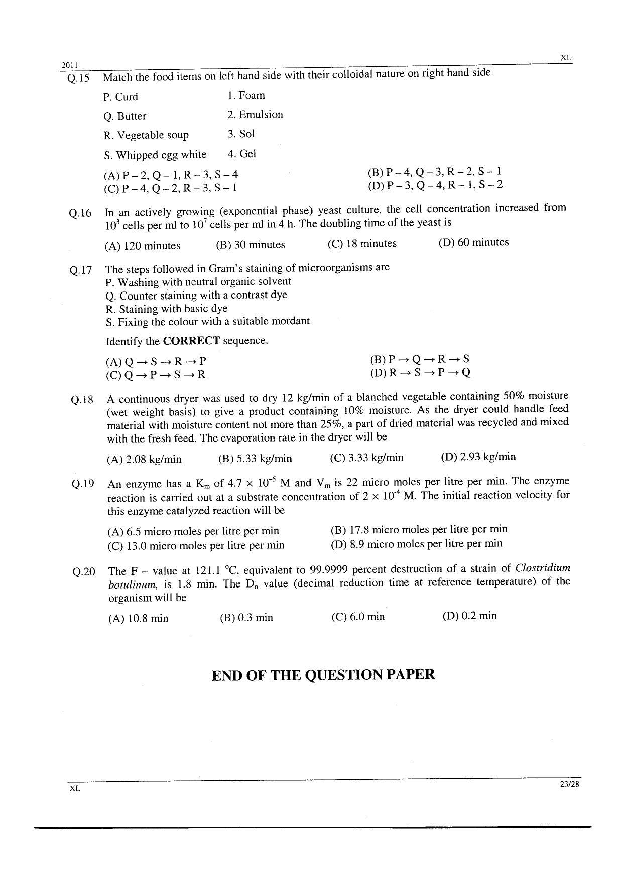 GATE 2011 Life Sciences (XL) Question Paper with Answer Key - Page 23