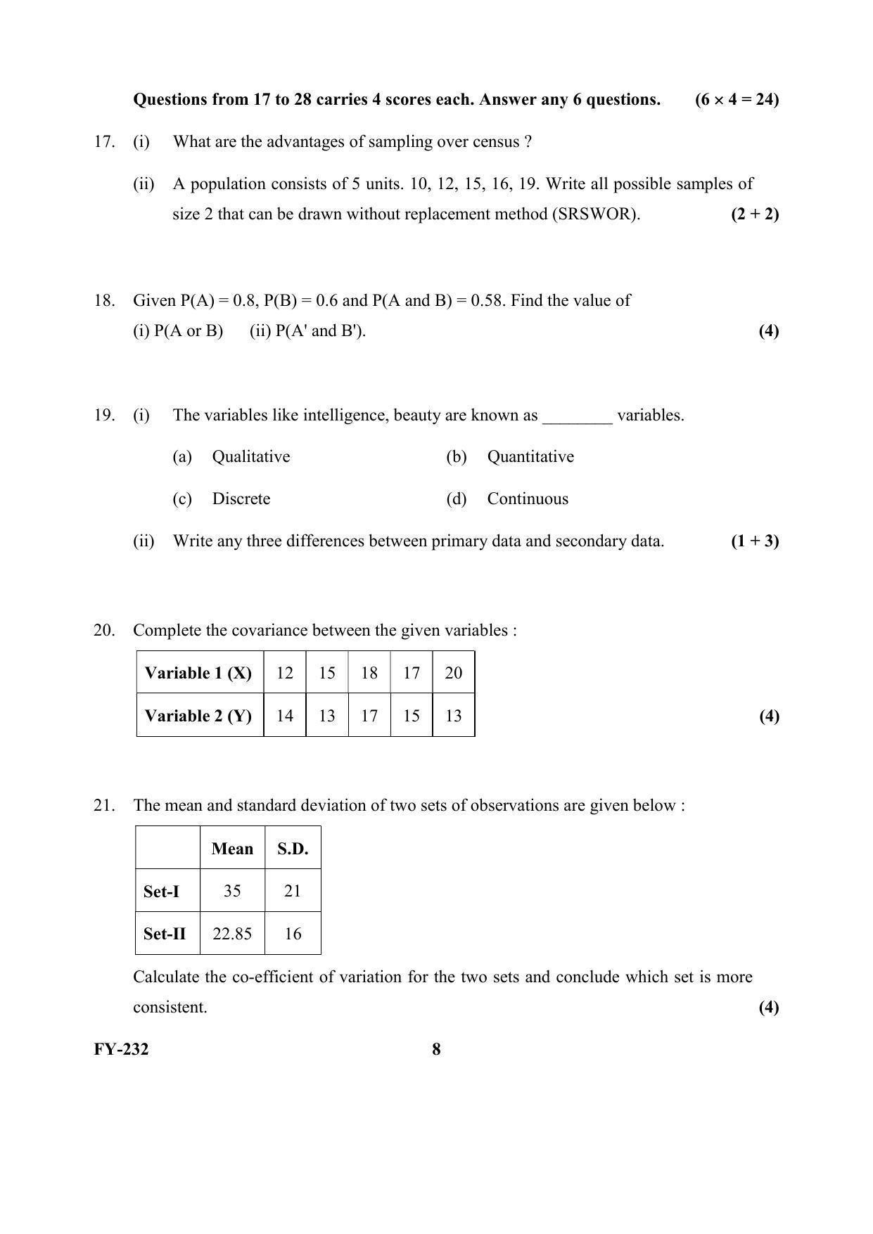 Kerala Plus One (Class 11th) Statistics Question Paper 2021 - Page 8