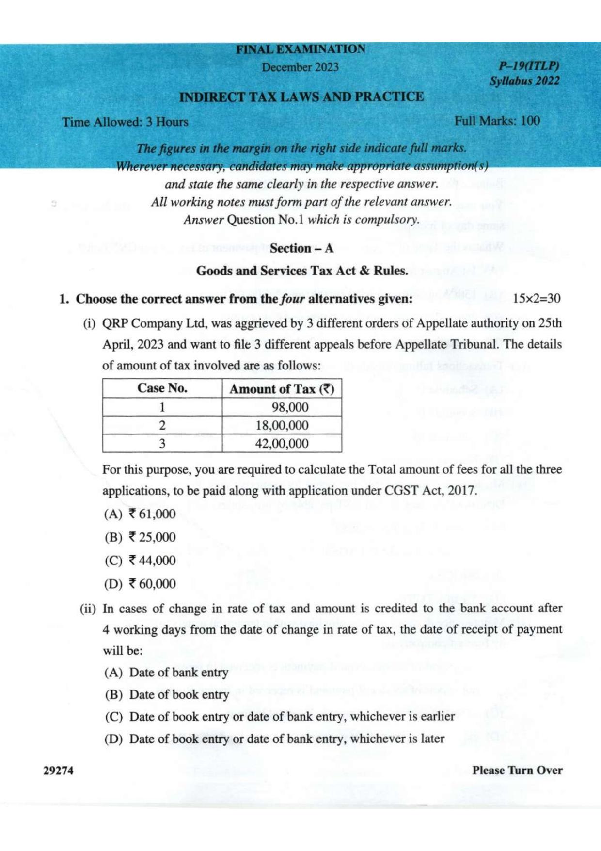 ICMAI Final December 2023 Question Paper - Indirect Tax Laws & Practice - Page 1