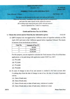 ICMAI Final December 2023 Question Paper - Indirect Tax Laws & Practice